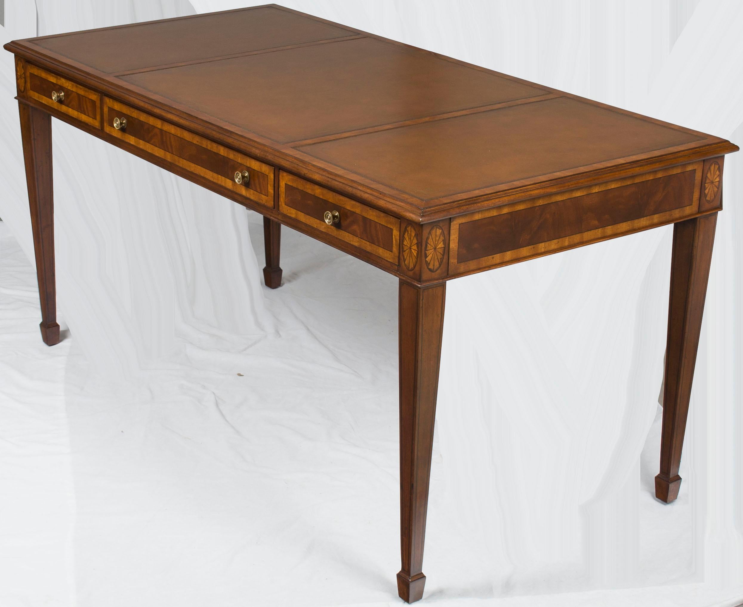 Inlaid Mahogany Sheraton Style Partners Writing Desk Library Table Leather Top 5