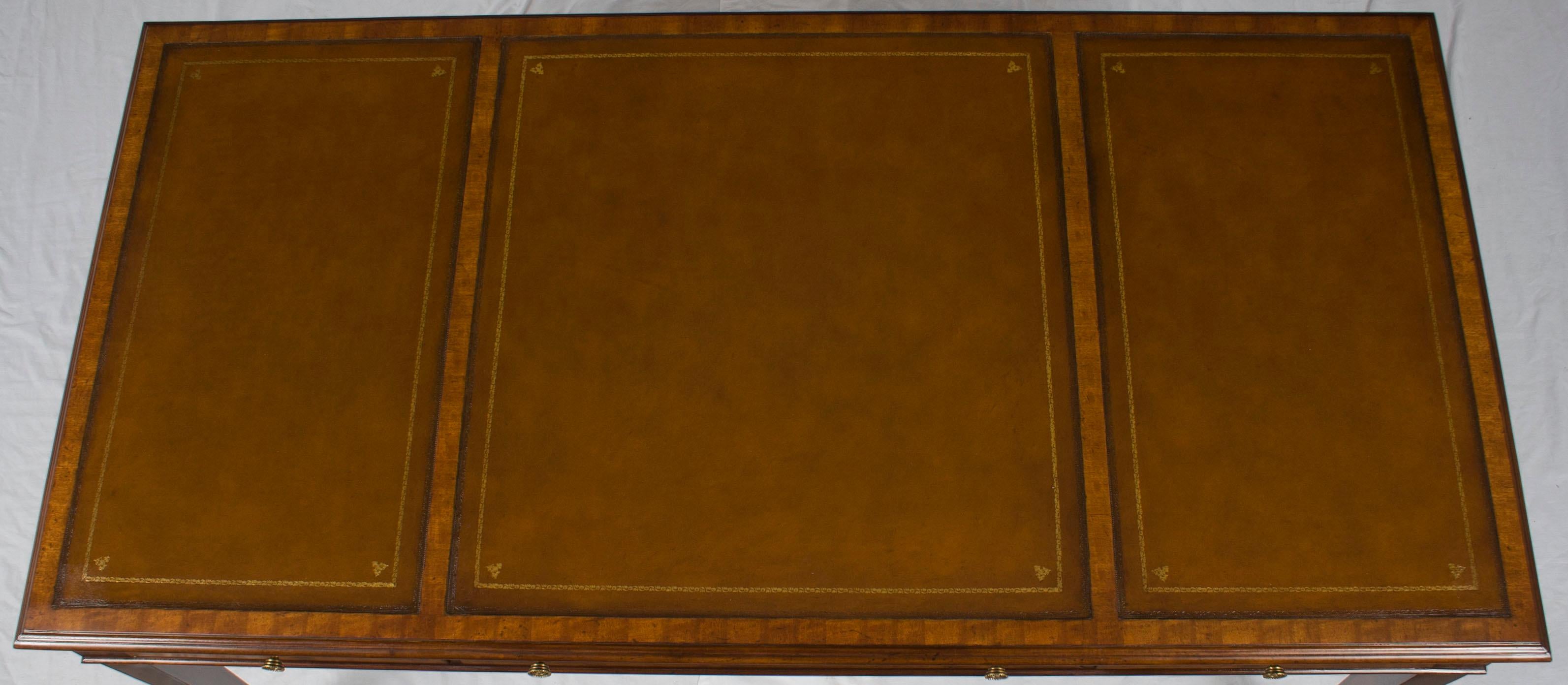 Inlaid Mahogany Sheraton Style Partners Writing Desk Library Table Leather Top In New Condition In Atlanta, GA