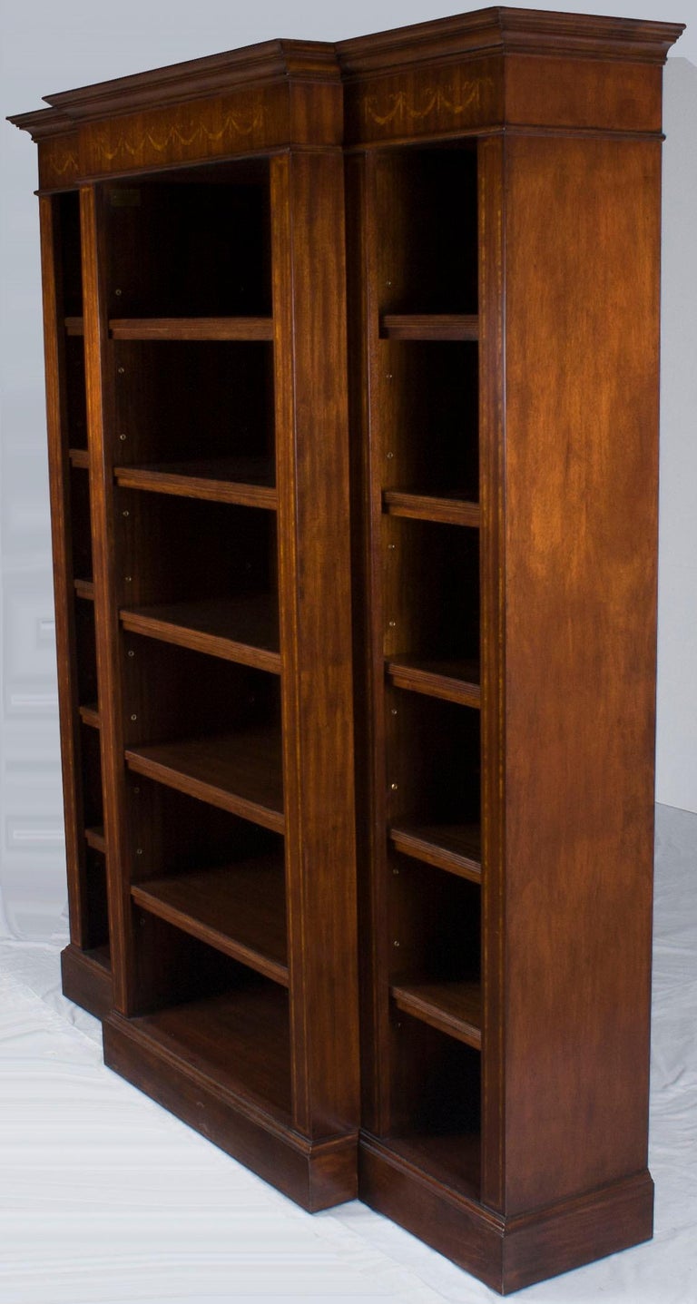 Inlaid Mahogany Triple Open Breakfront Bookcase at 1stDibs