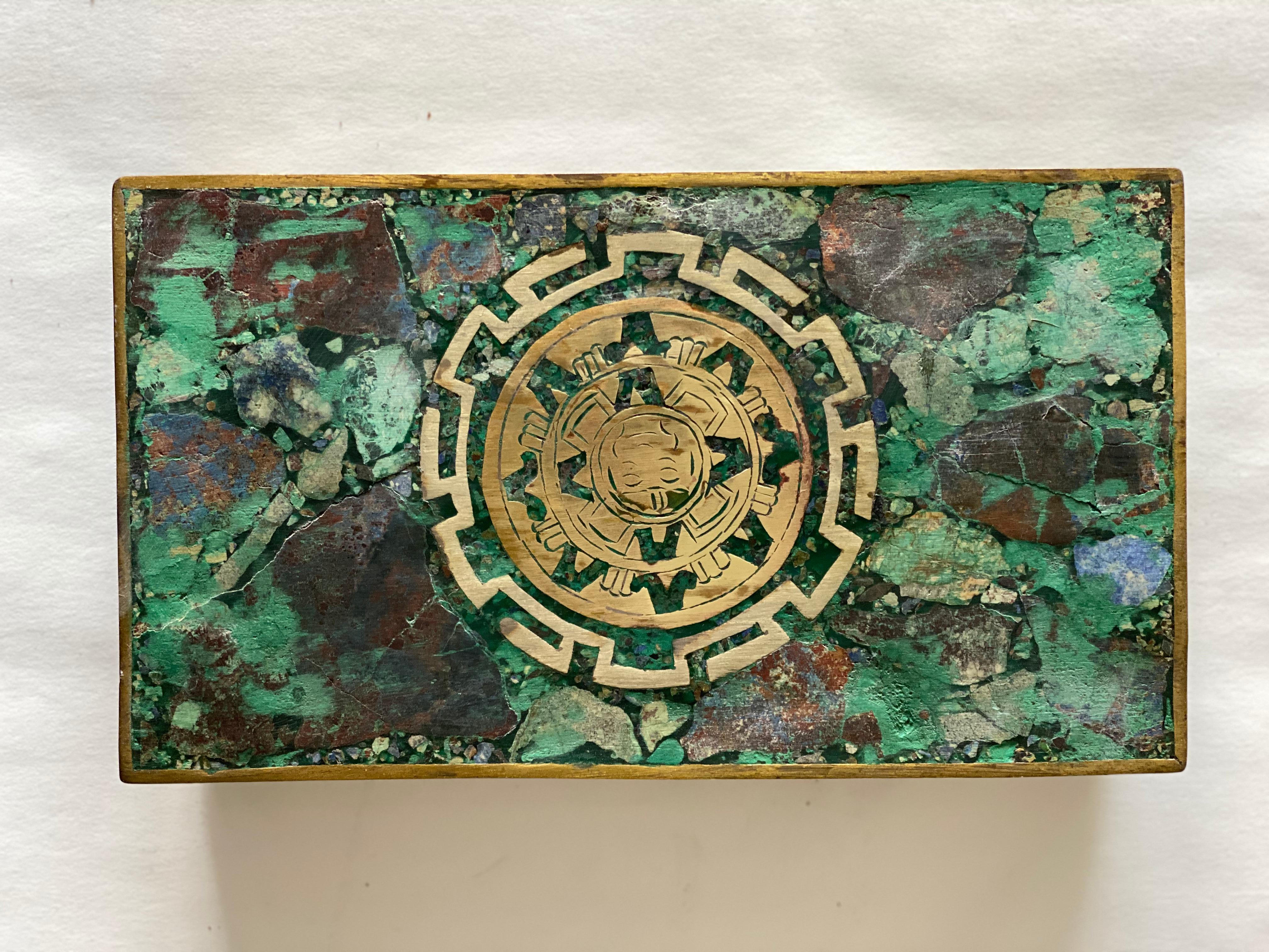 Brass Inlaid Malachite and Rosewood Cigar Box, Los Castillos Style, 1950s