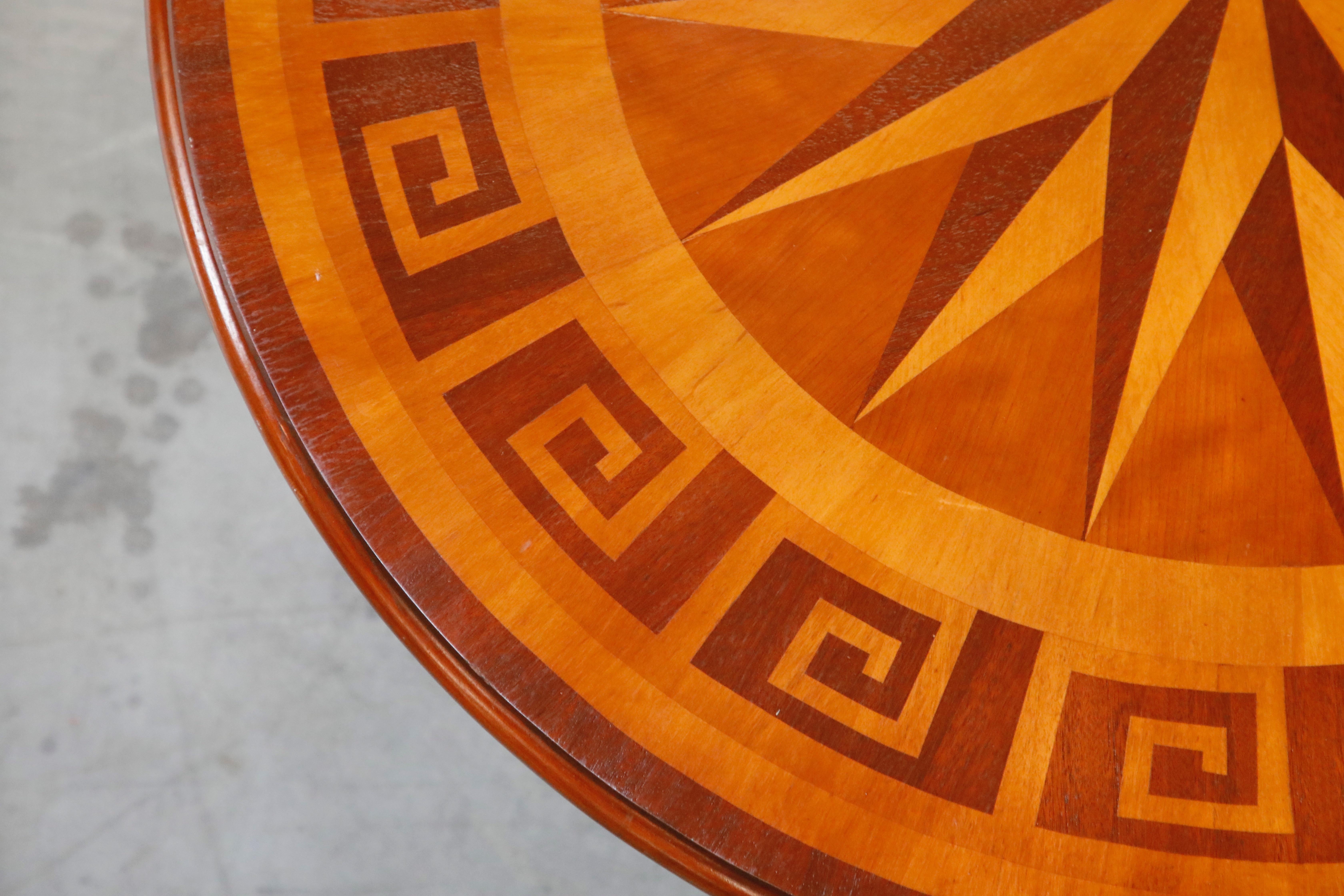 Inlaid Marquetry Dining Table on Chrome Base with Greek Key and Nautical Motifs 7