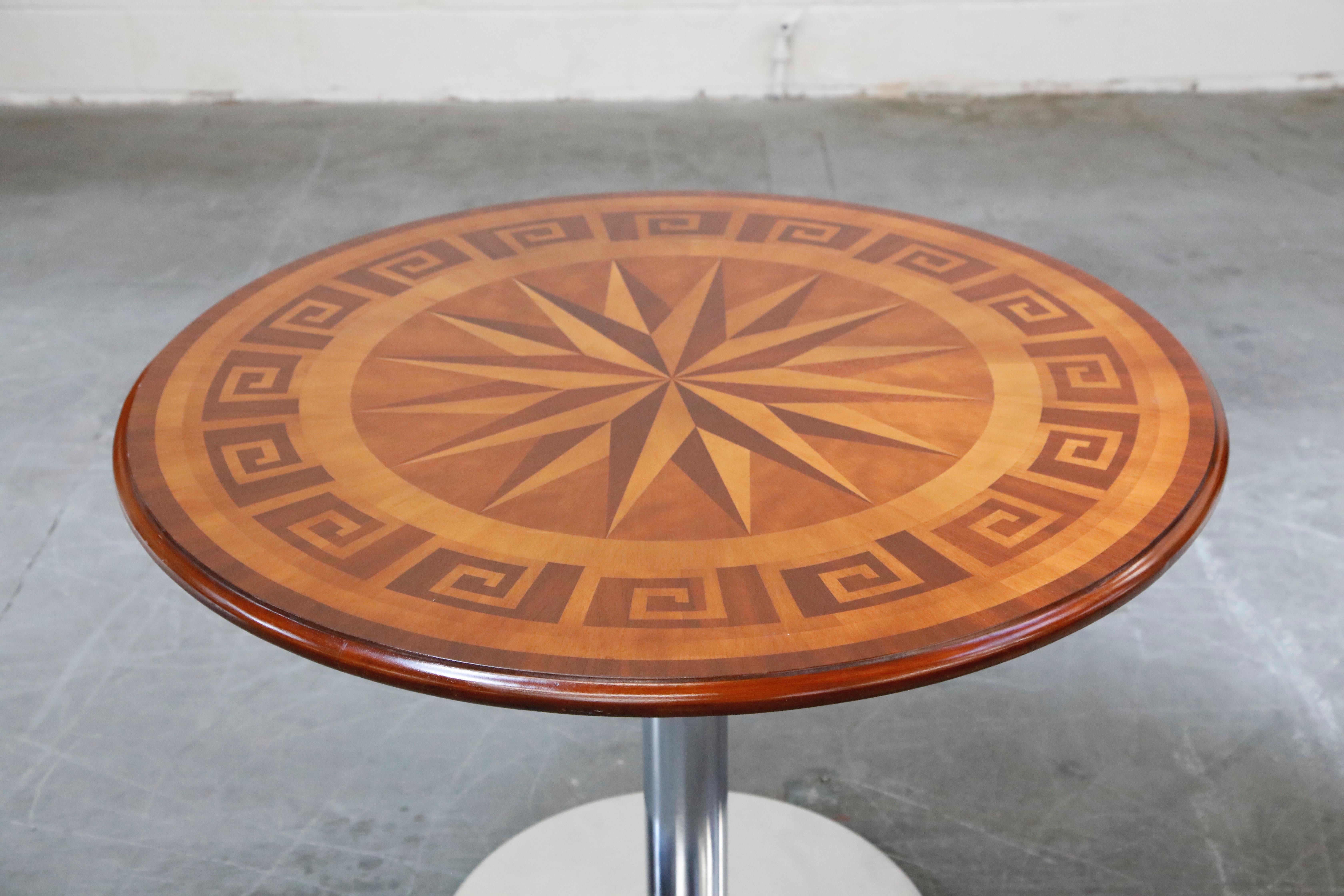 Inlay Inlaid Marquetry Dining Table on Chrome Base with Greek Key and Nautical Motifs