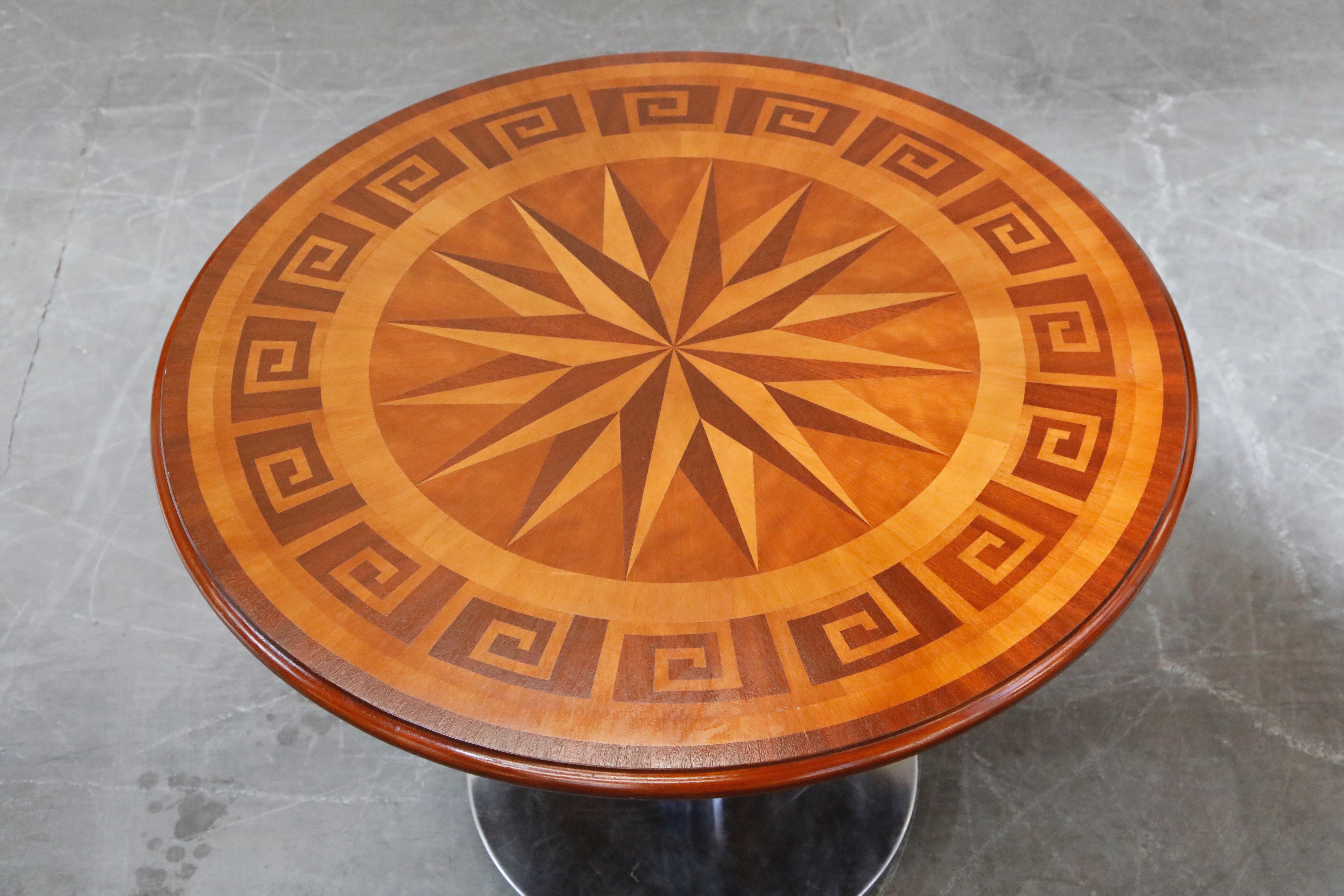 Inlaid Marquetry Dining Table on Chrome Base with Greek Key and Nautical Motifs In Good Condition In Los Angeles, CA