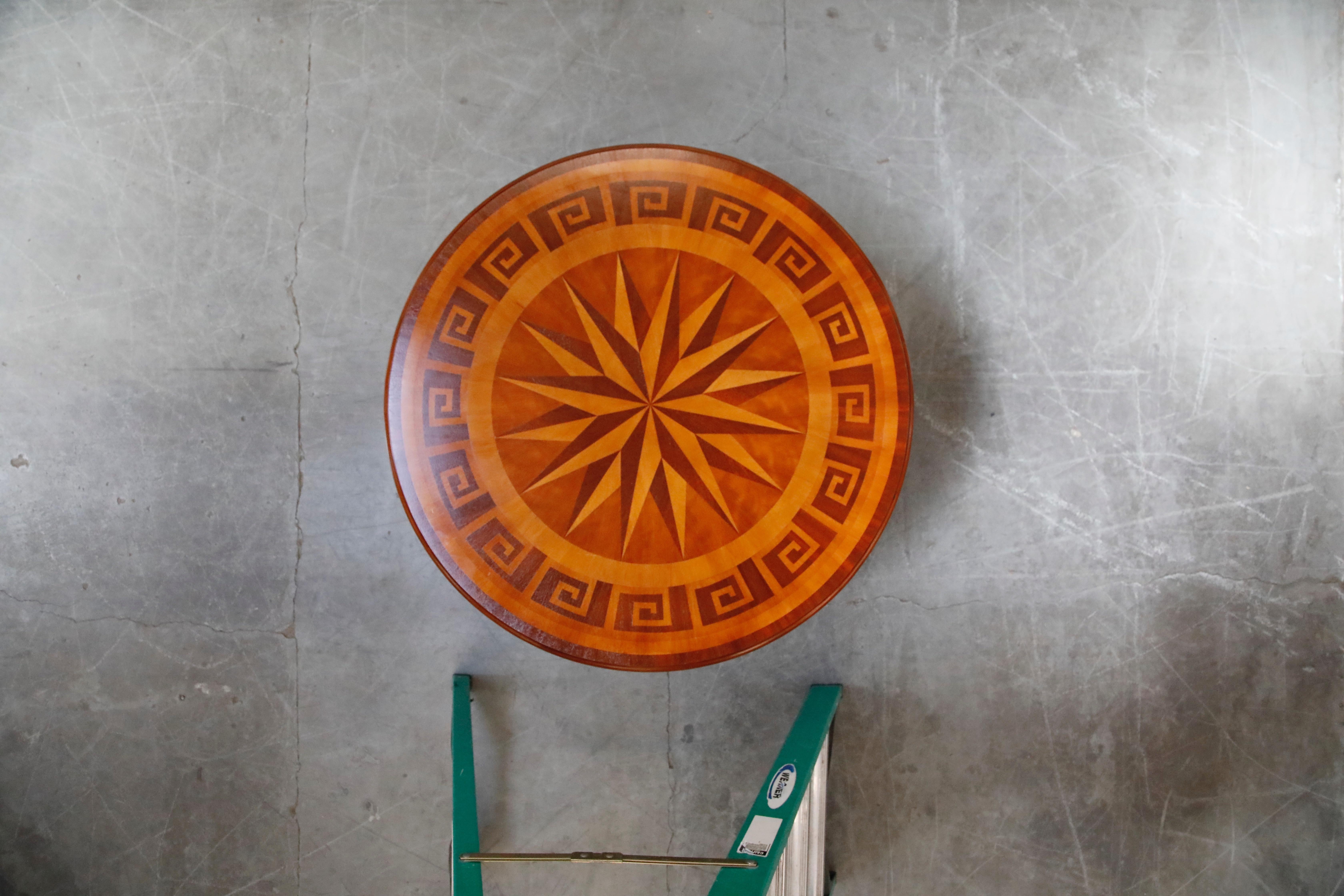 20th Century Inlaid Marquetry Dining Table on Chrome Base with Greek Key and Nautical Motifs