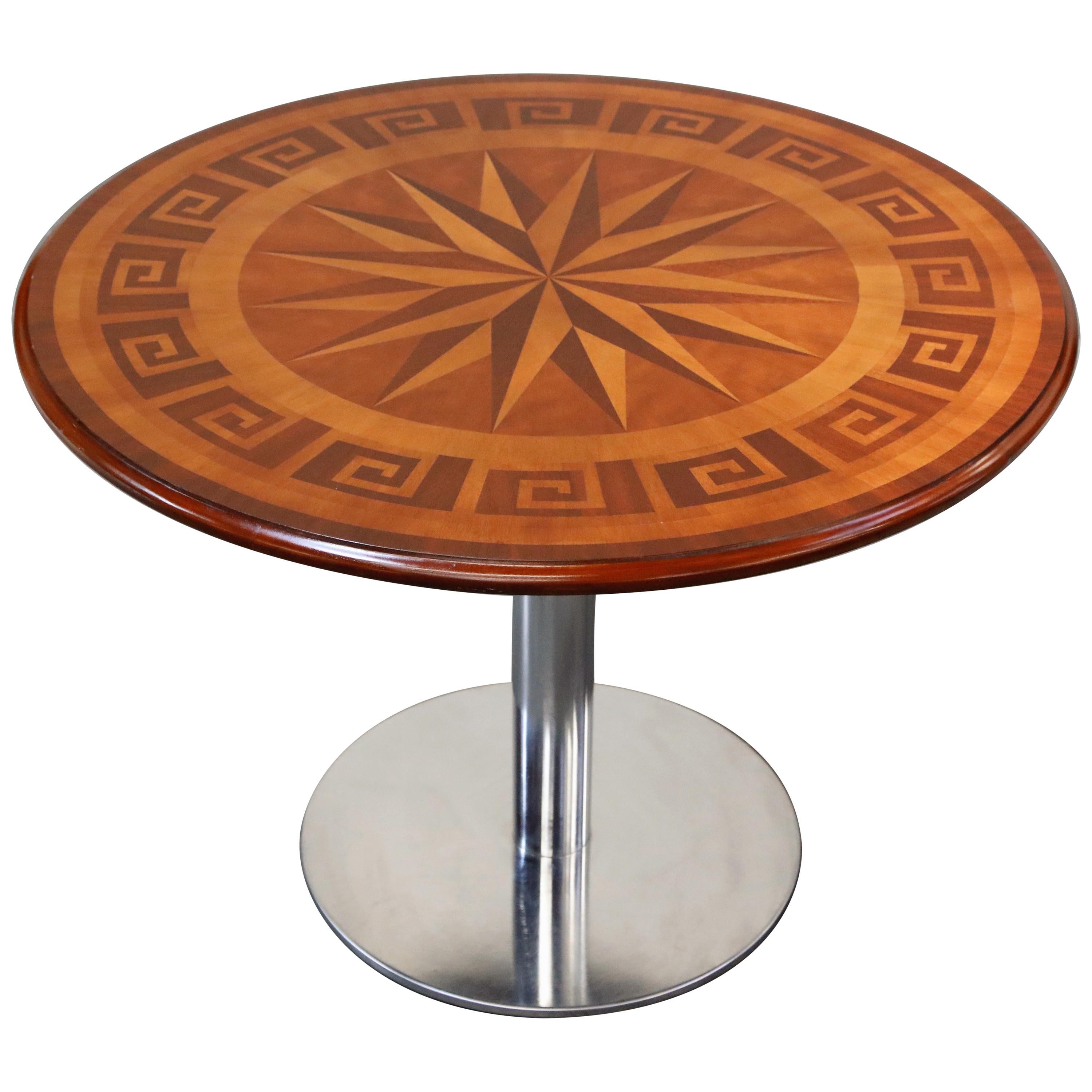 Inlaid Marquetry Dining Table on Chrome Base with Greek Key and Nautical Motifs