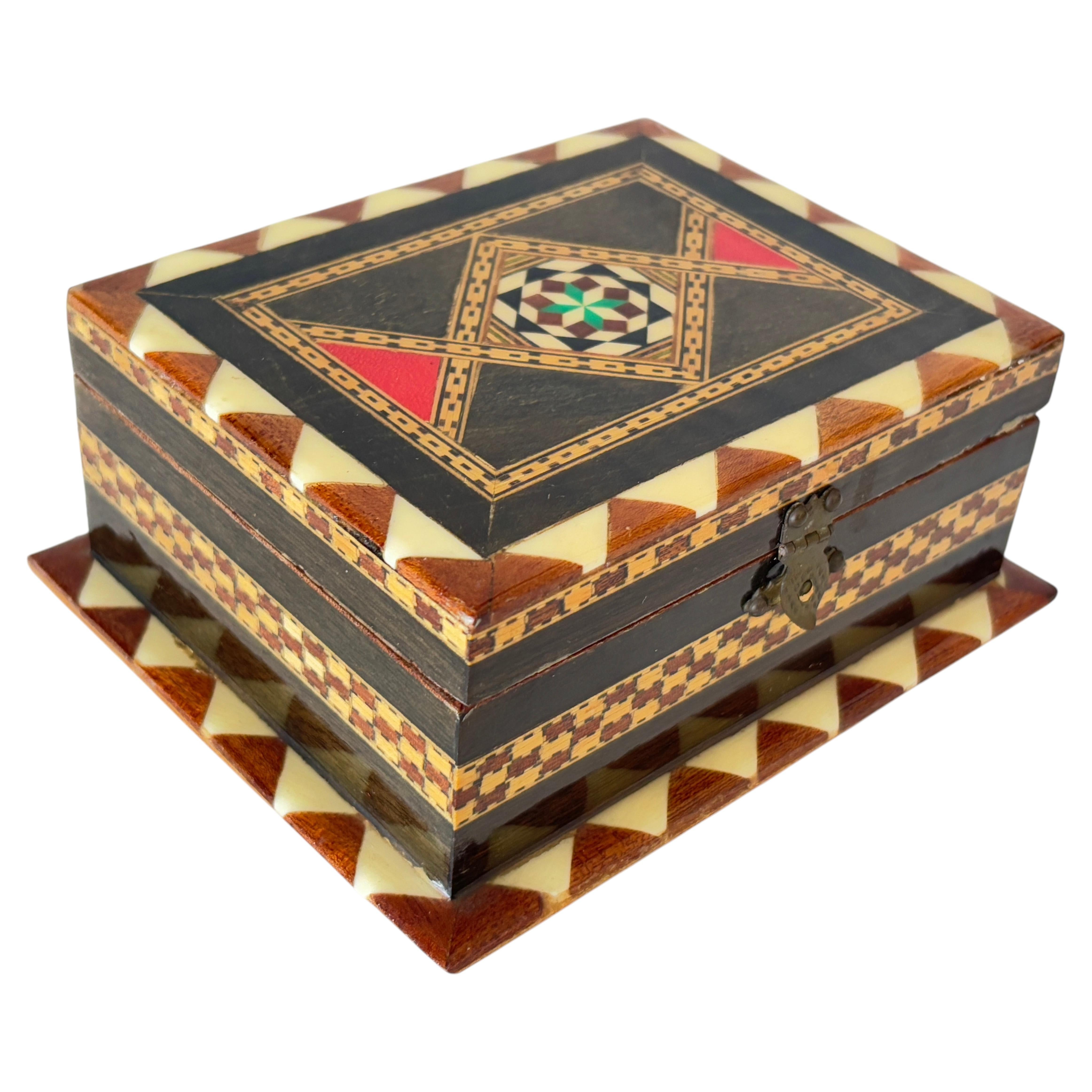 Inlaid Marquetry Jewelry Box, Walnut Wood, Moorish Style, Spain, 1940