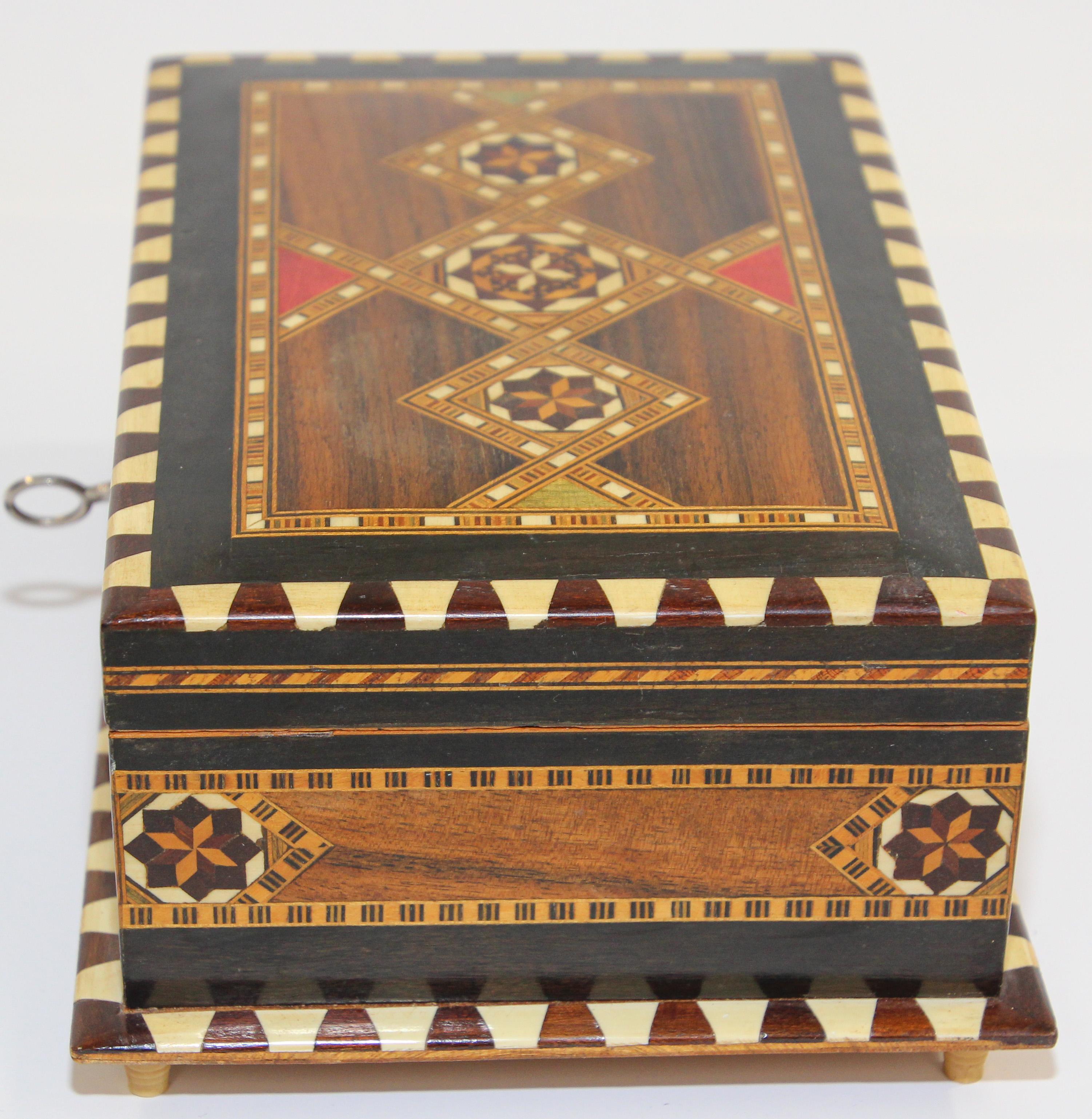 20th Century Inlaid Marquetry Jewelry Footed Box Granada Spain