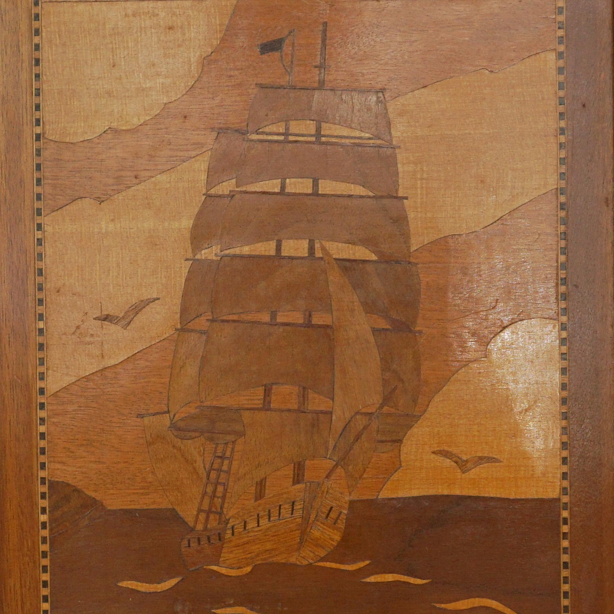 English Inlaid Marquetry Picture of a Sailboat For Sale