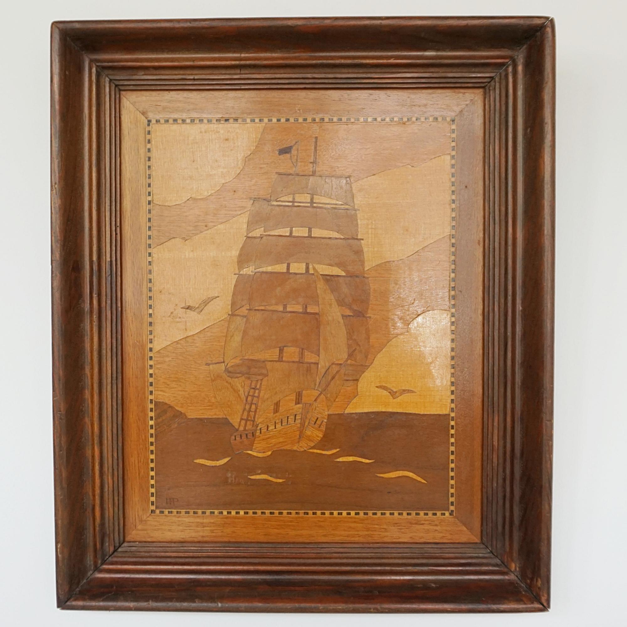 Inlaid Marquetry Picture of a Sailboat In Good Condition For Sale In Forest Row, East Sussex
