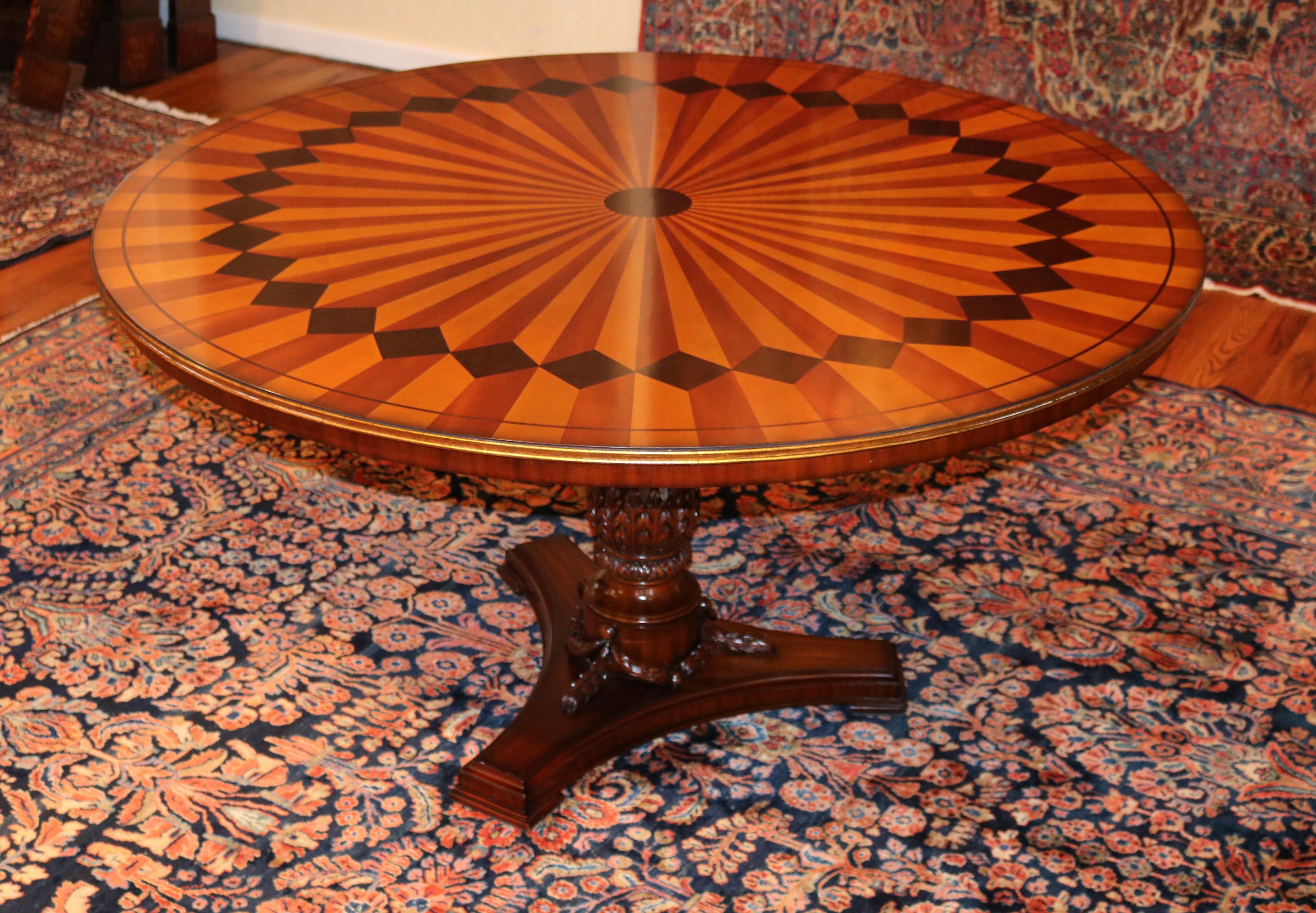 Inlaid Mixed Wood & Gilt Italian Style Ornate Center Dining Table  In Excellent Condition For Sale In Long Branch, NJ