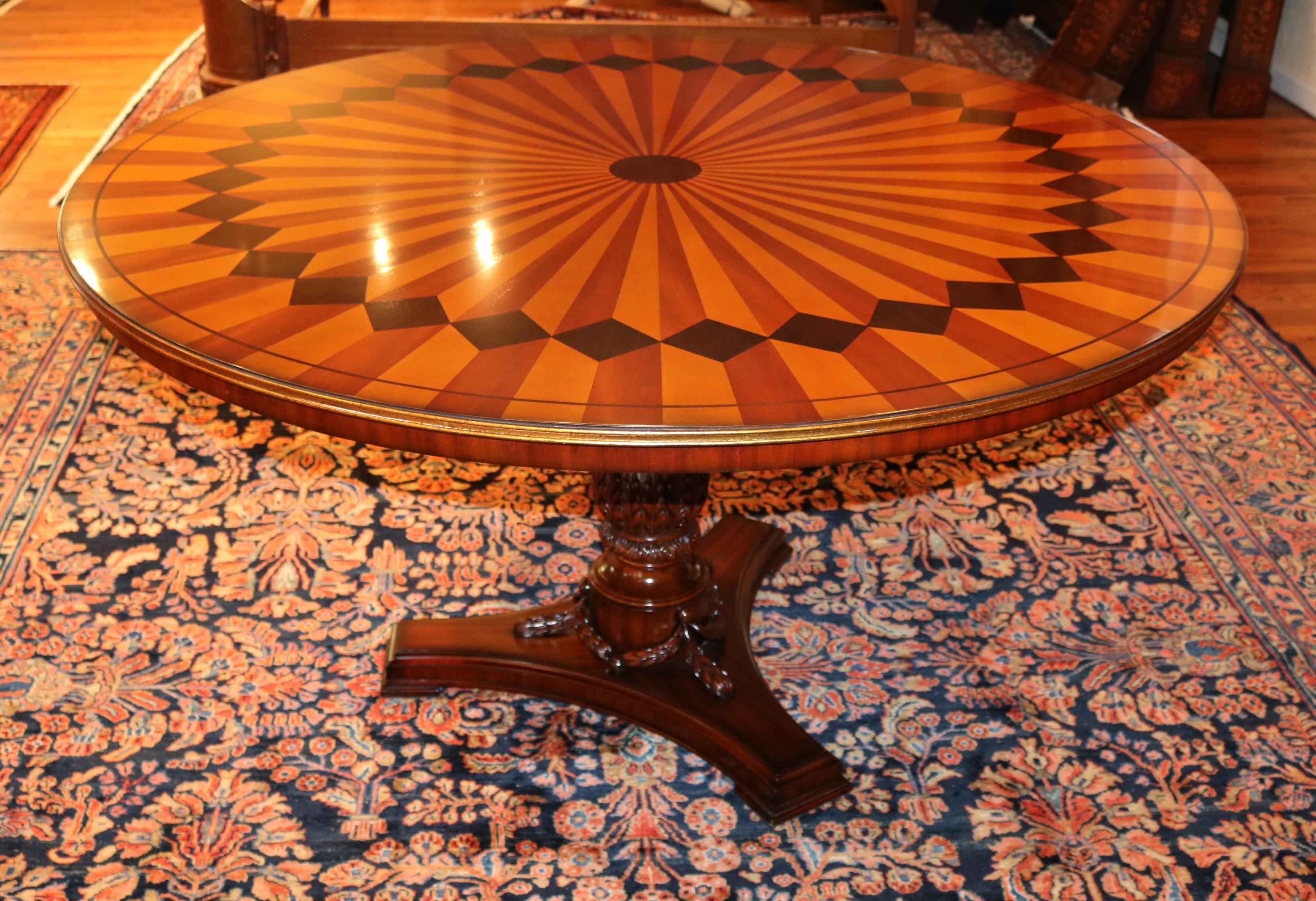Contemporary Inlaid Mixed Wood & Gilt Italian Style Ornate Center Dining Table  For Sale