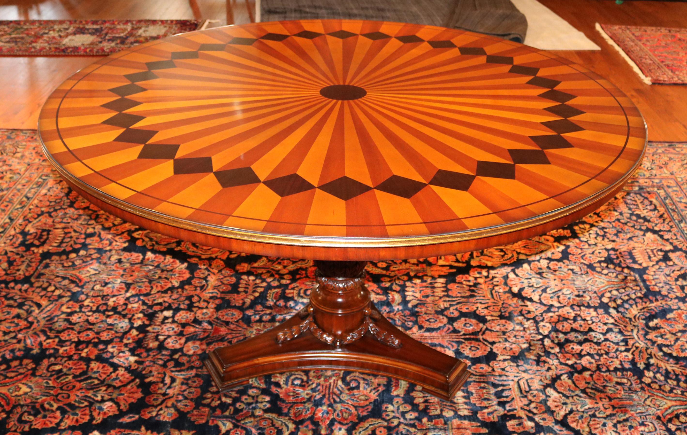 Inlaid Mixed Wood & Gilt Italian Style Ornate Center Dining Table  For Sale 1