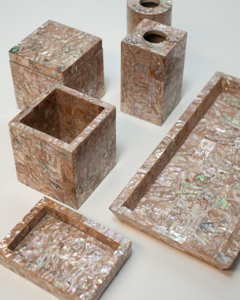 Inlaid Mother of Pearl Bathroom Vanity Accessory Set For Sale at