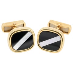 Retro Inlaid Mother-of-pearl, Onyx and 18 Karat Gold Cufflinks