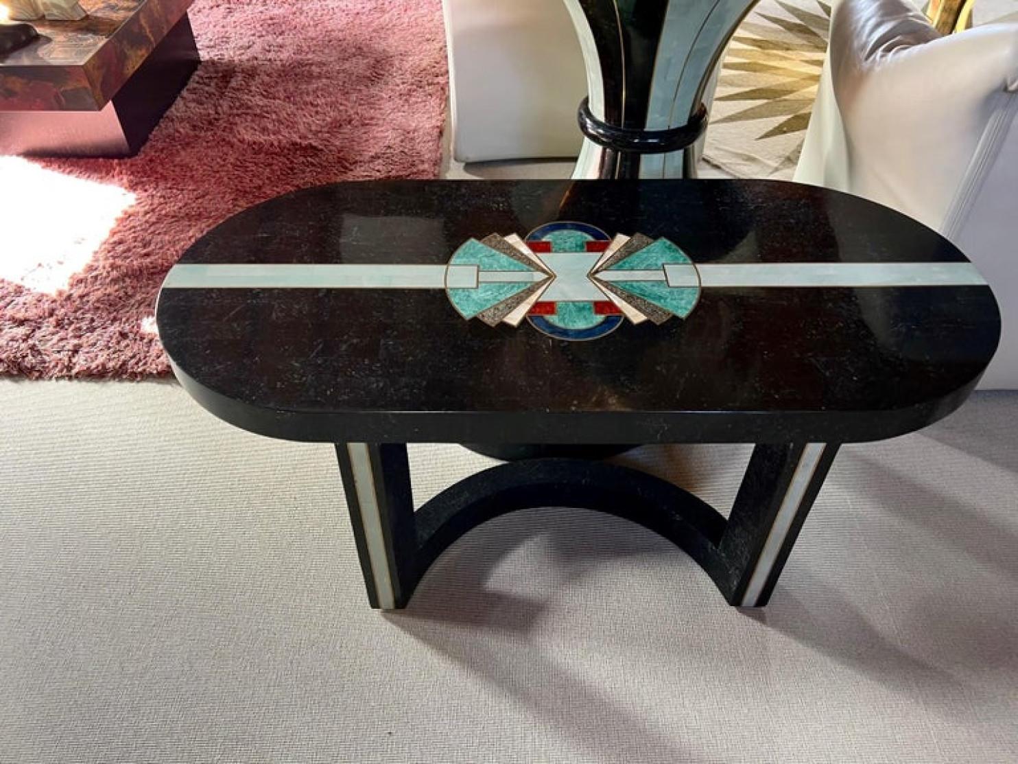 Inlaid Natural Stone Coffee Table Art Deco Style, 1980s In Good Condition In Rijssen, NL