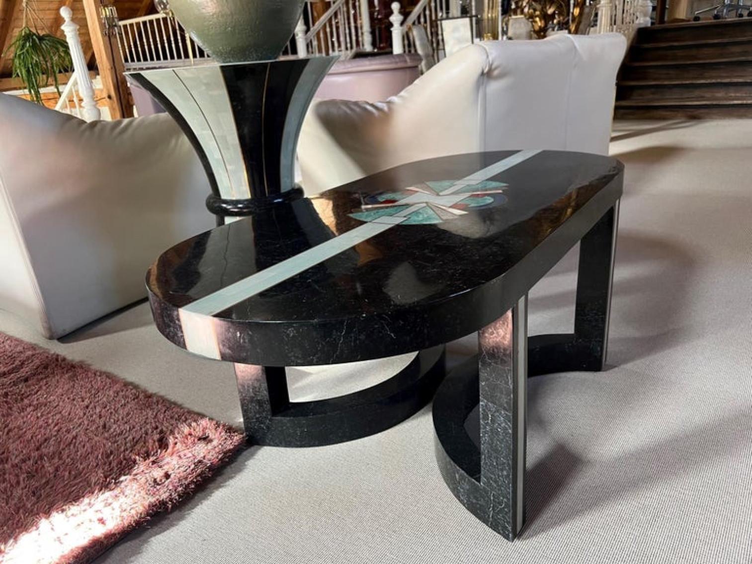 Inlaid Natural Stone Coffee Table Art Deco Style, 1980s 1