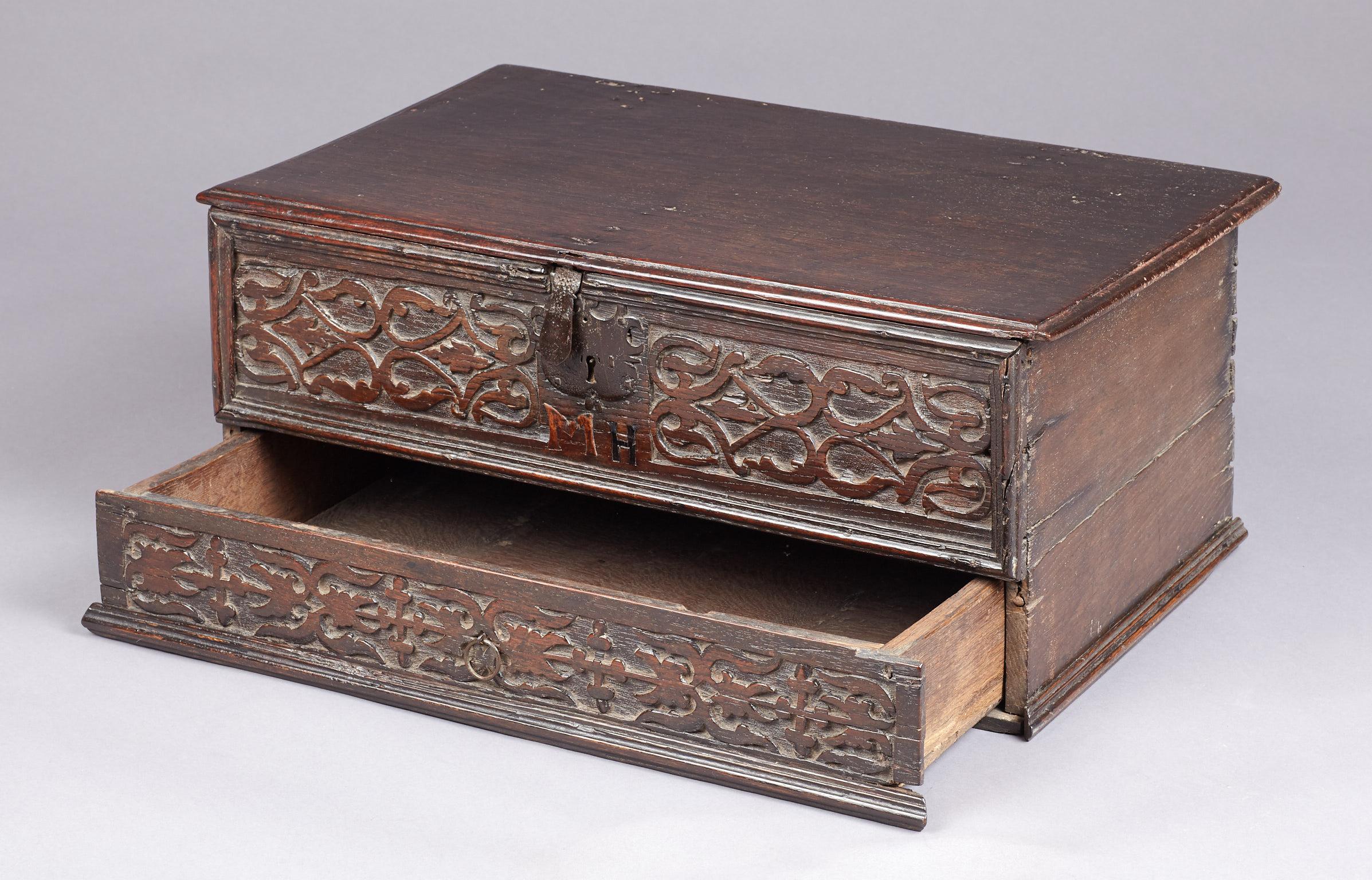 Carved Inlaid Oak Desk Box, Charles II period, Yorkshire, circa 1660-1680 For Sale