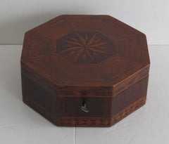 Inlaid Octagonal hardwood Box with Fitted Interior and Key, English Early 19th C