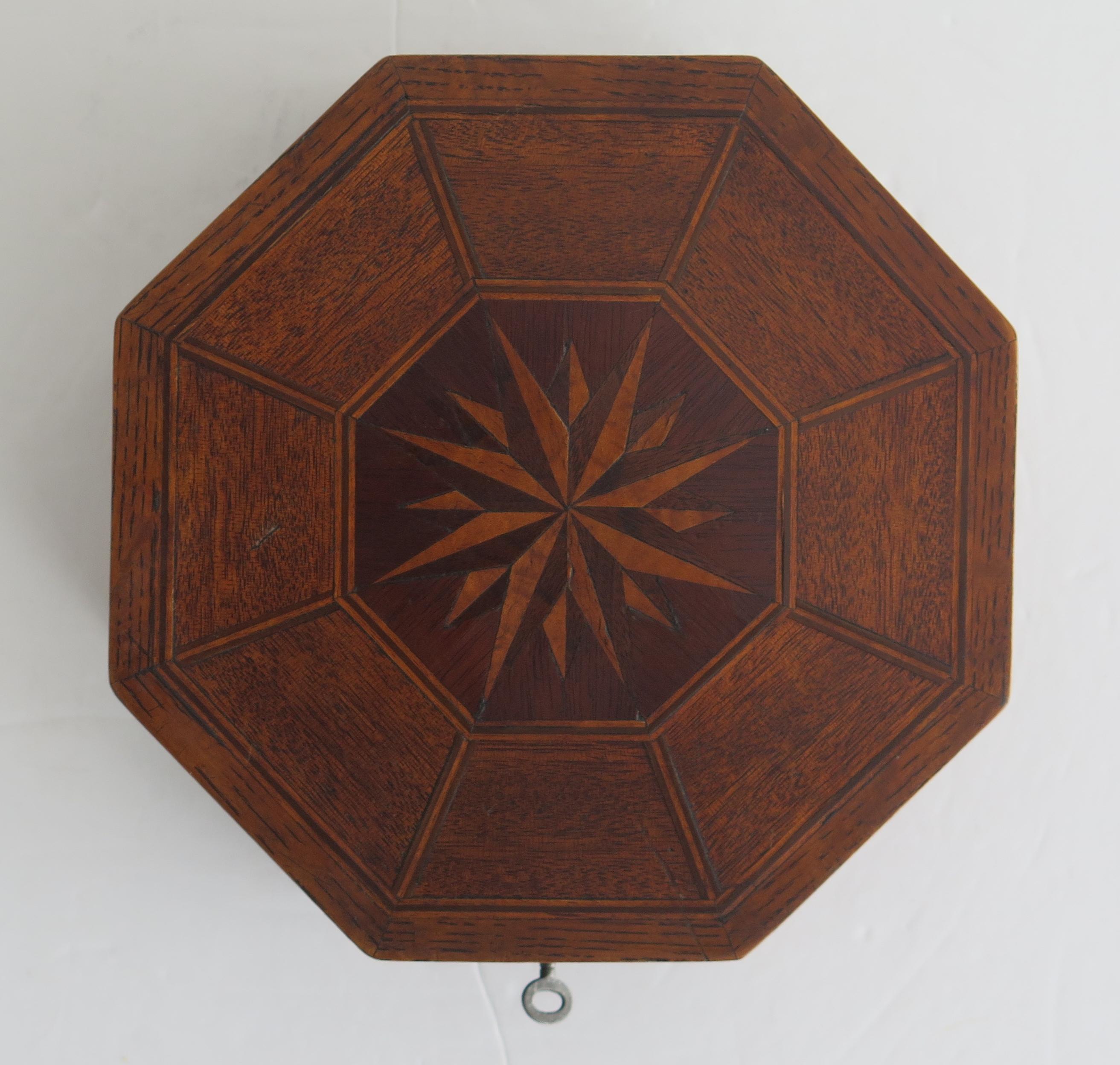 Veneer Inlaid Octagonal hardwood Box with Fitted Interior and Key, English Early 19th C For Sale