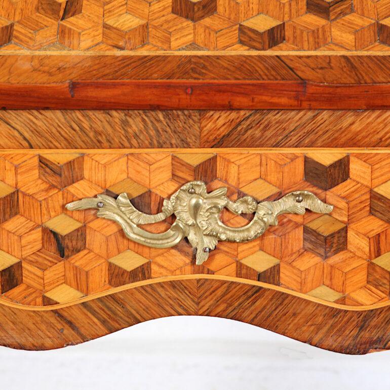 Elegant French Louis XV style parquetry writing desk with fitted interior and gilt mounts. Leather writing surface; standing on elegant cabriole legs.