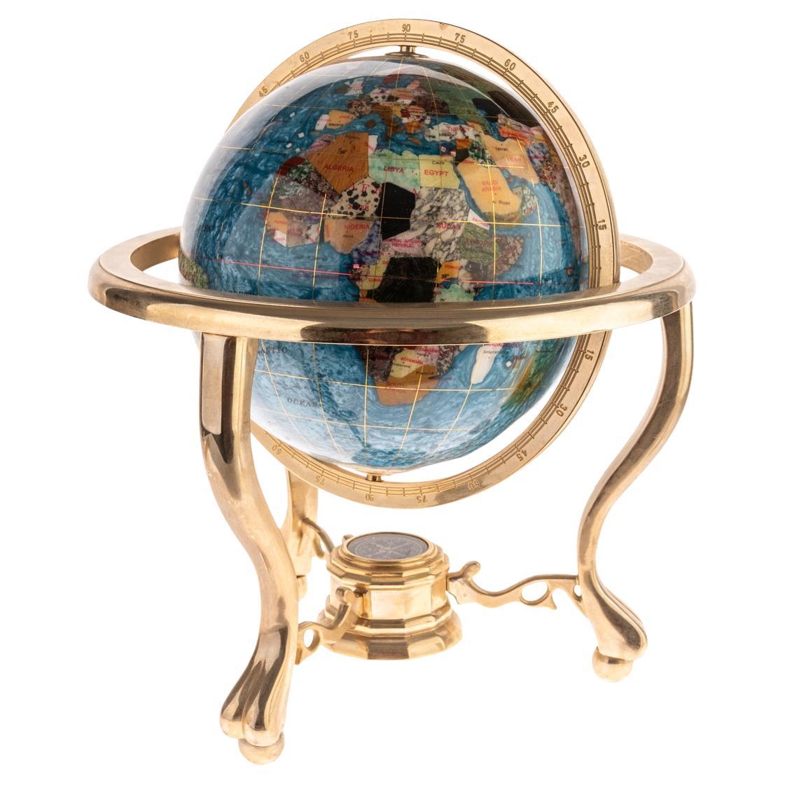 Inlaid Pietra Dura & Brass Terrestrial Desk Globe Attributed to Maitland Smith
