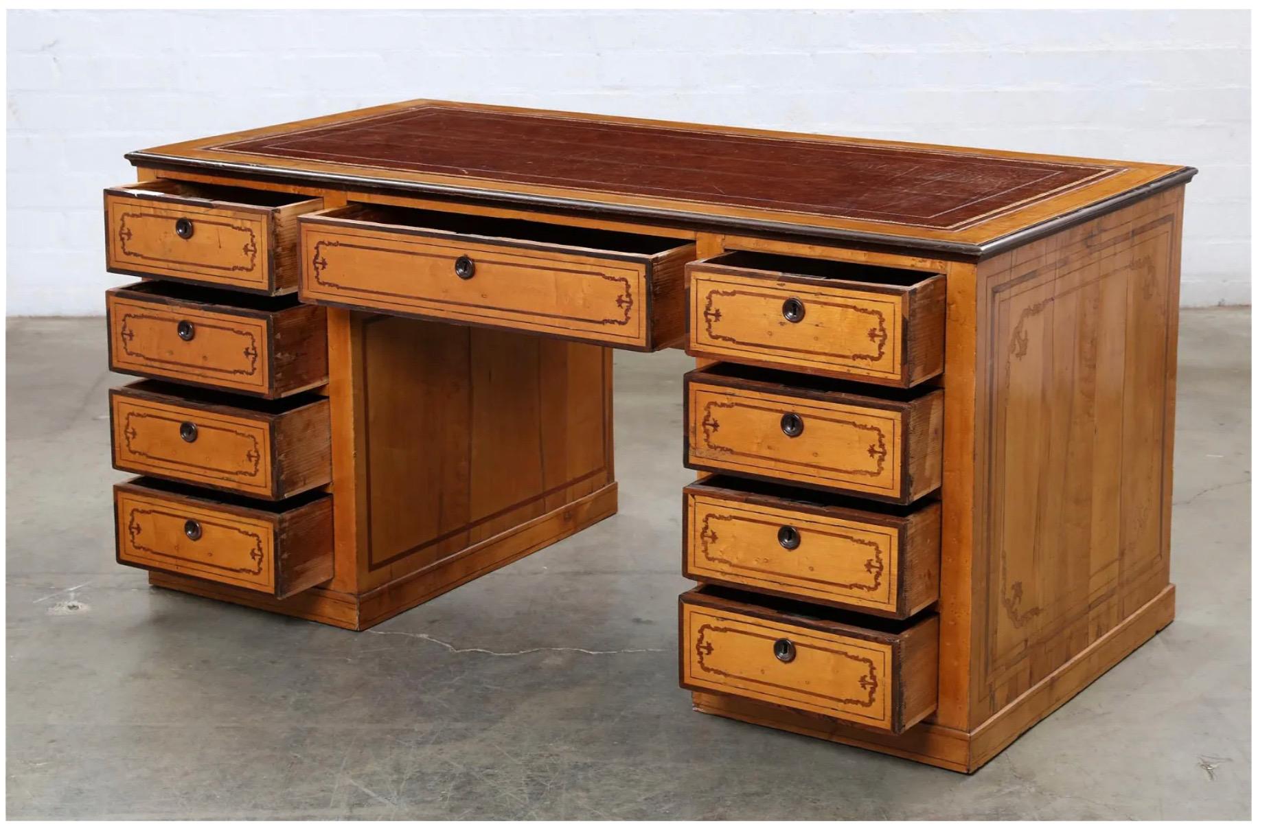 Victorian Inlaid Satinwood Double Pedestal Desk For Sale