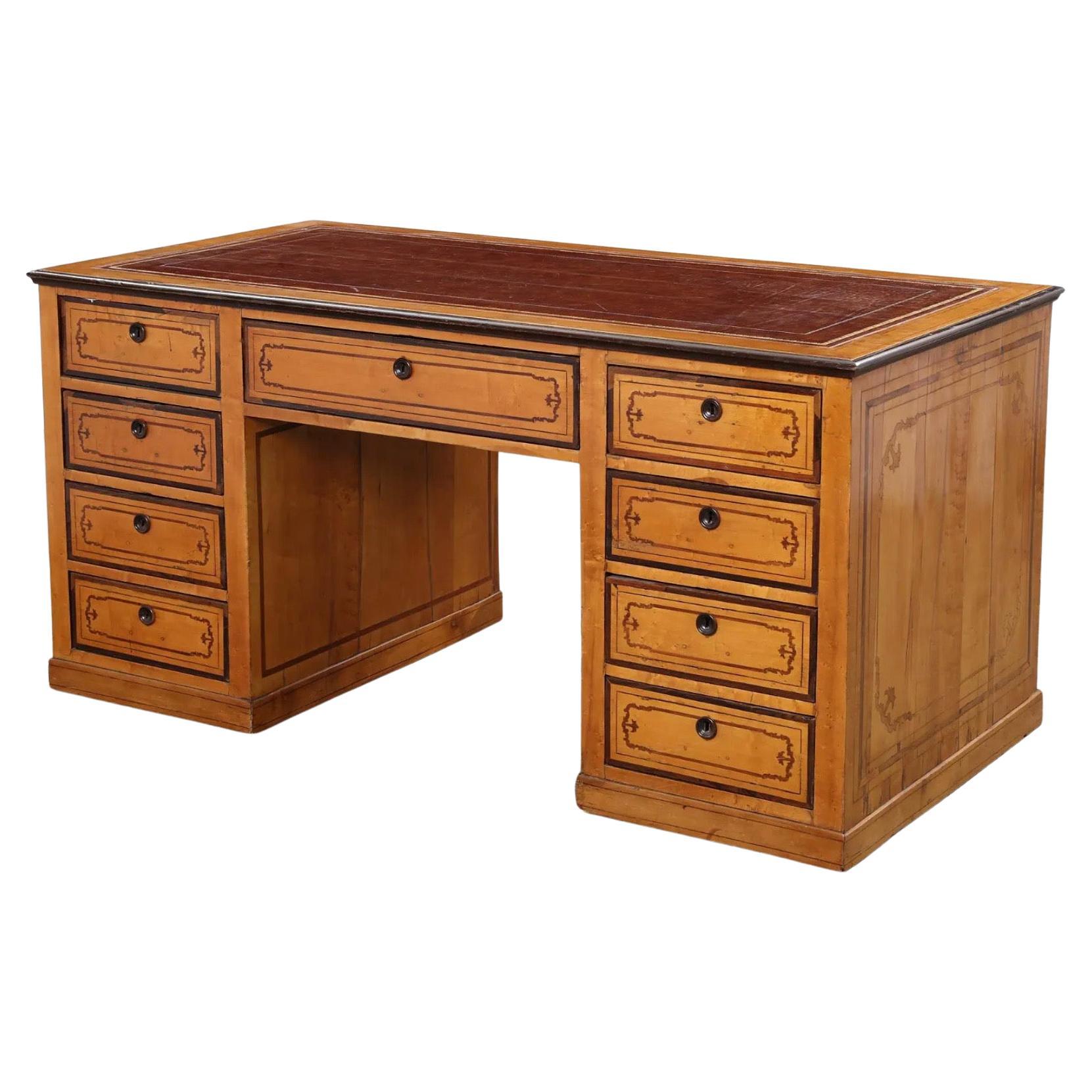 Inlaid Satinwood Double Pedestal Desk For Sale