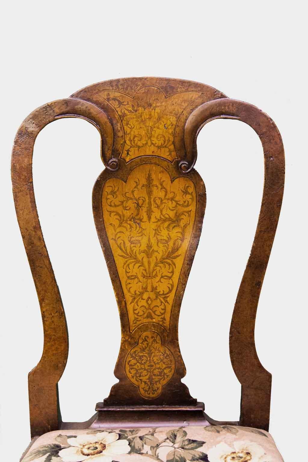 Inlaid seaweed marquetry Queen Anne side chair with scrolled drake feet and slip seat.