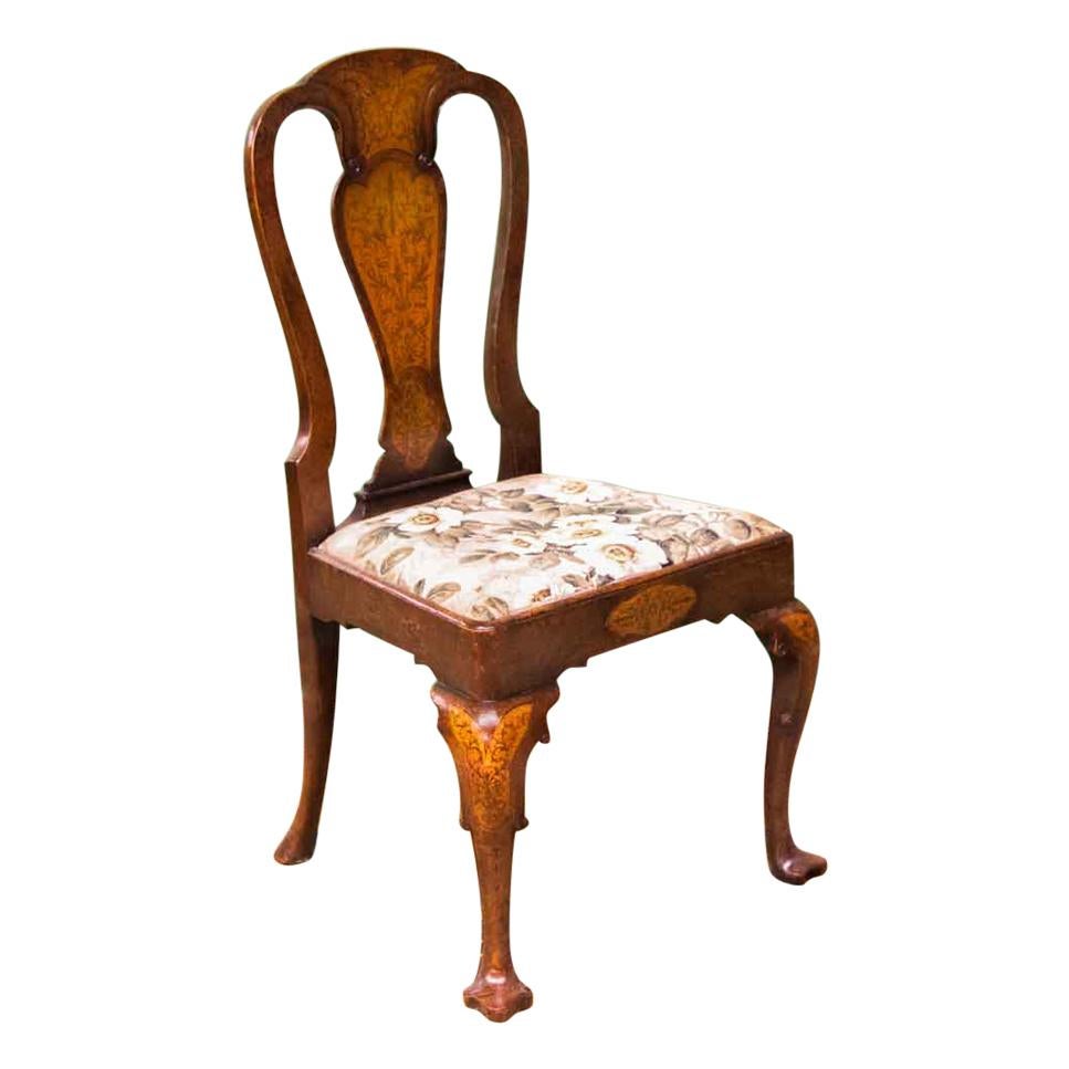 Inlaid Seaweed Marquetry Queen Anne Side Chair For Sale