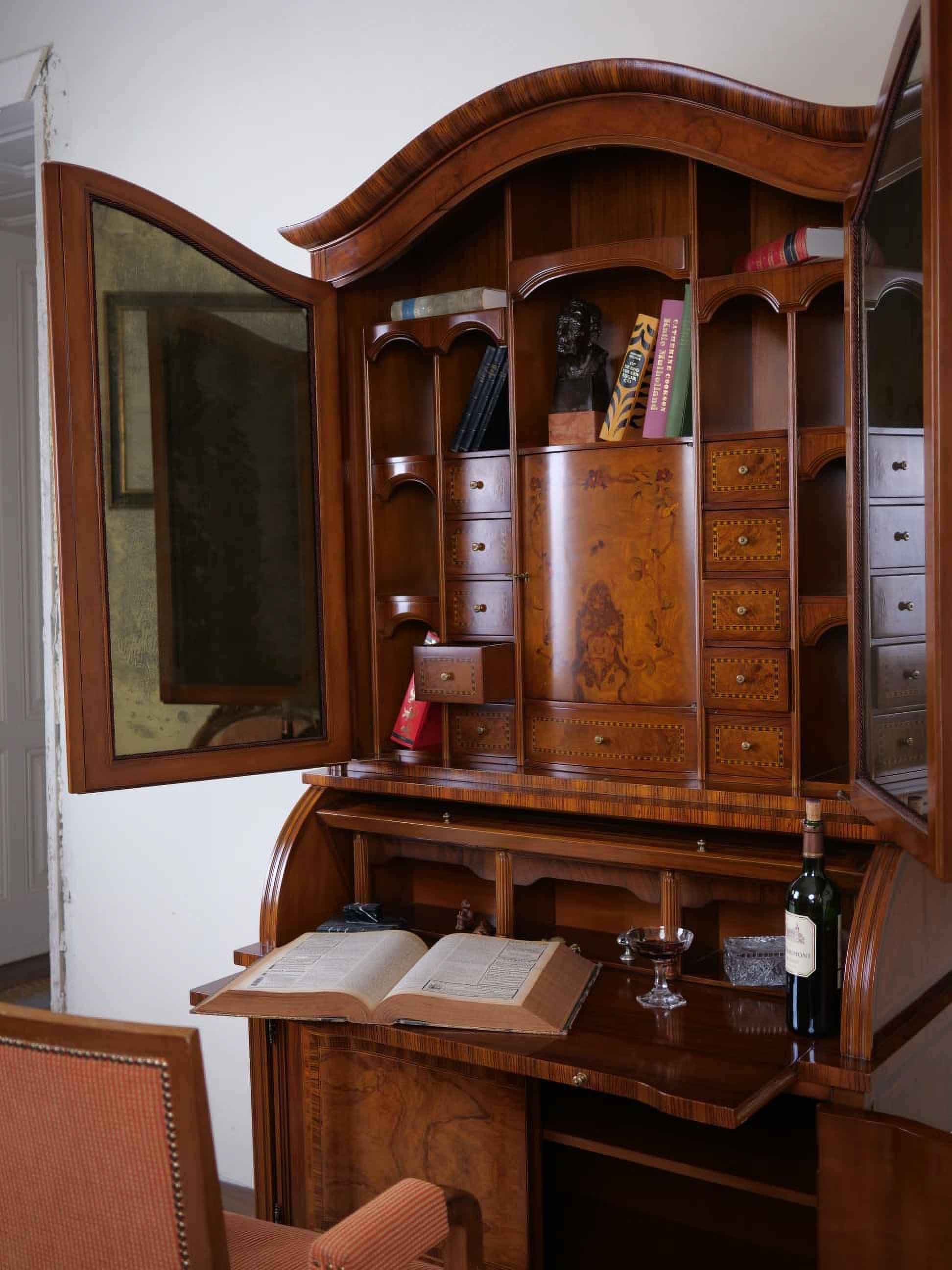 Wood Inlaid secretary with bookcase and desk For Sale