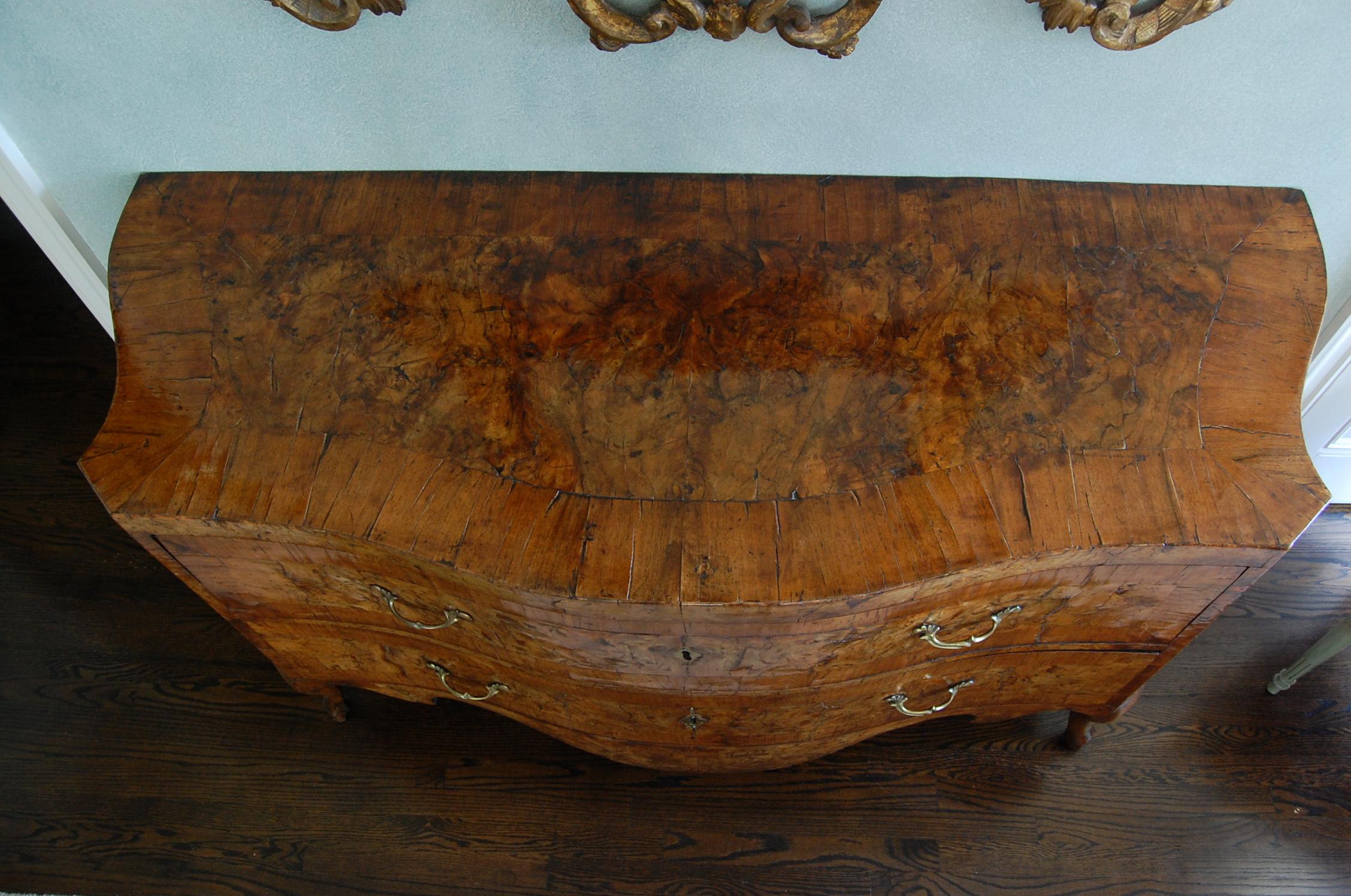 Inlay Inlaid Serpentine Italian Olive Wood Two-Drawer Commode, Mid-18th Century For Sale