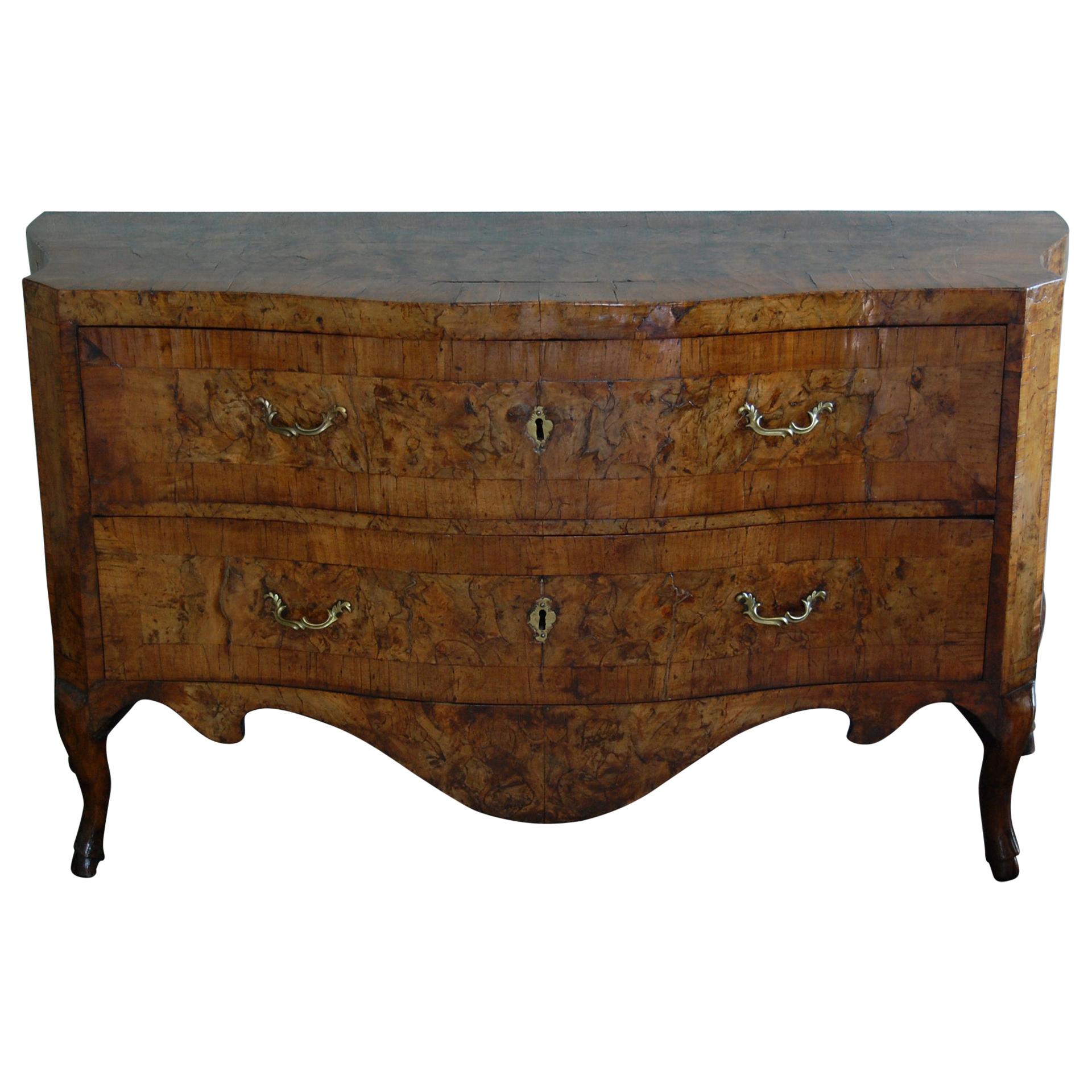 Inlaid Serpentine Italian Olive Wood Two-Drawer Commode, Mid-18th Century For Sale