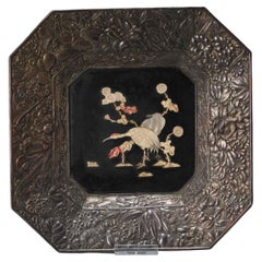 Antique Inlaid Serving Plate Cranes in Lovely Shape, Landscape, Meiji 19th Century Kyoto