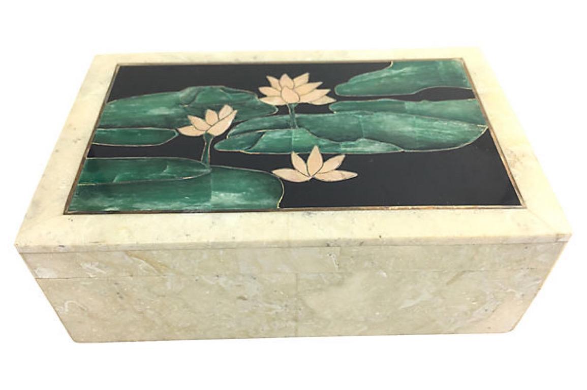 Vintage lily pad trinket box inlaid with onyx, quartz, and river jade. Black velvet-lined interior. Tiny chip on back corner by hinge.