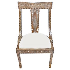 Inlaid Teak Armless Chair from India, with Removable Cushion