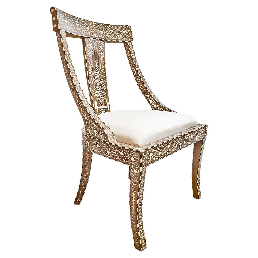 Inlaid Teak Armless Chair from India, with Removable Cushion