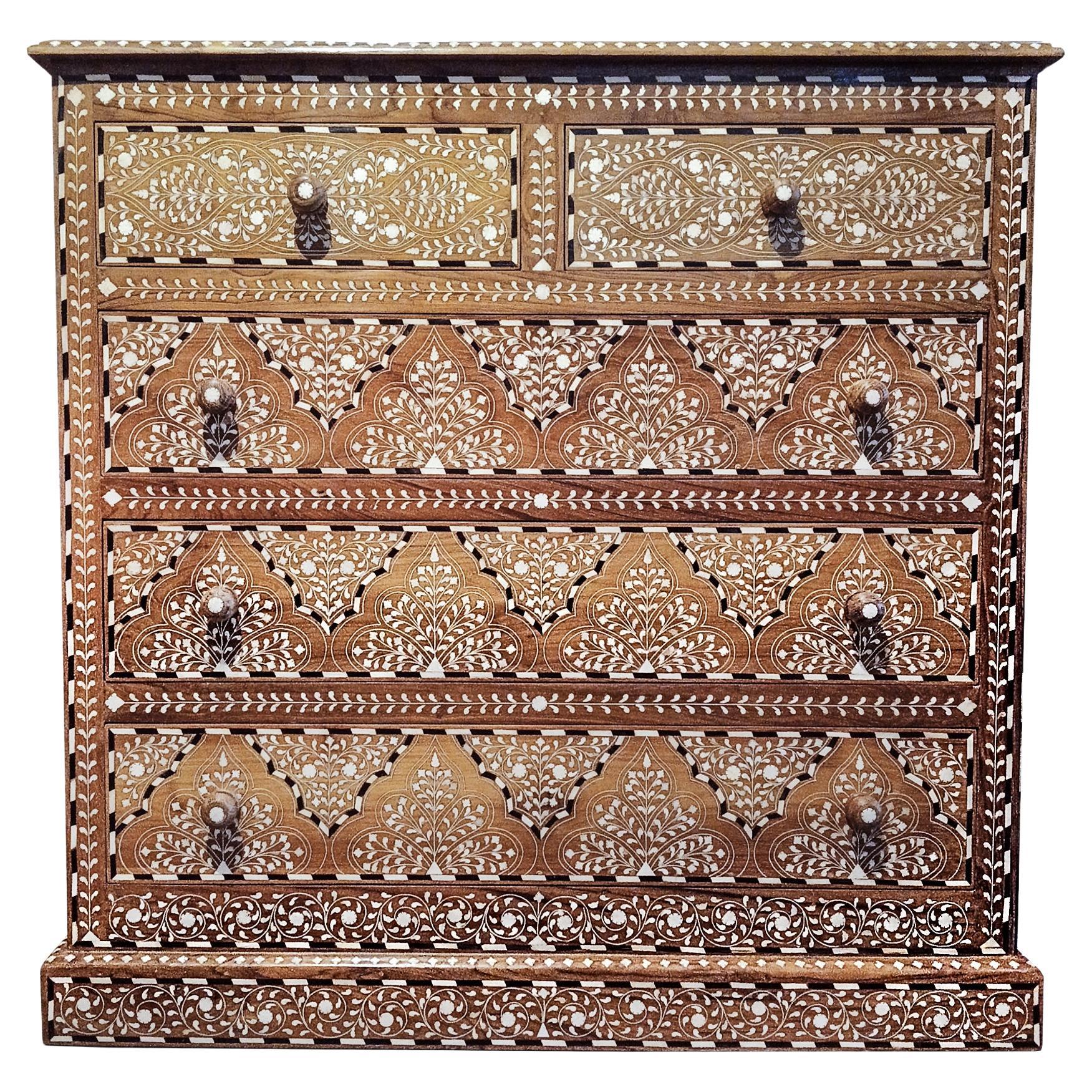 Inlaid Teak Chest of Drawers from India