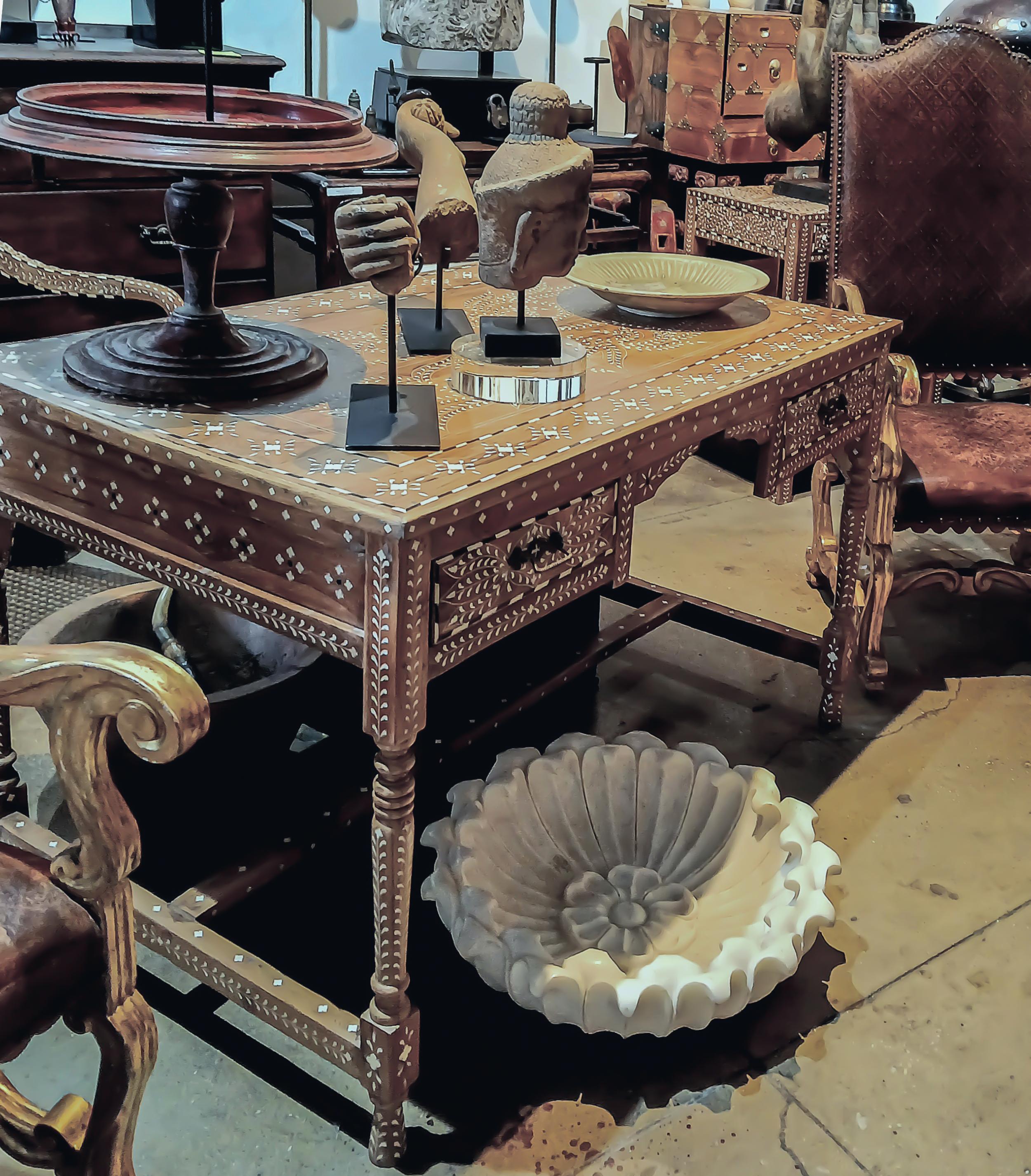 Inlaid Teak Writing Desk from India For Sale 9