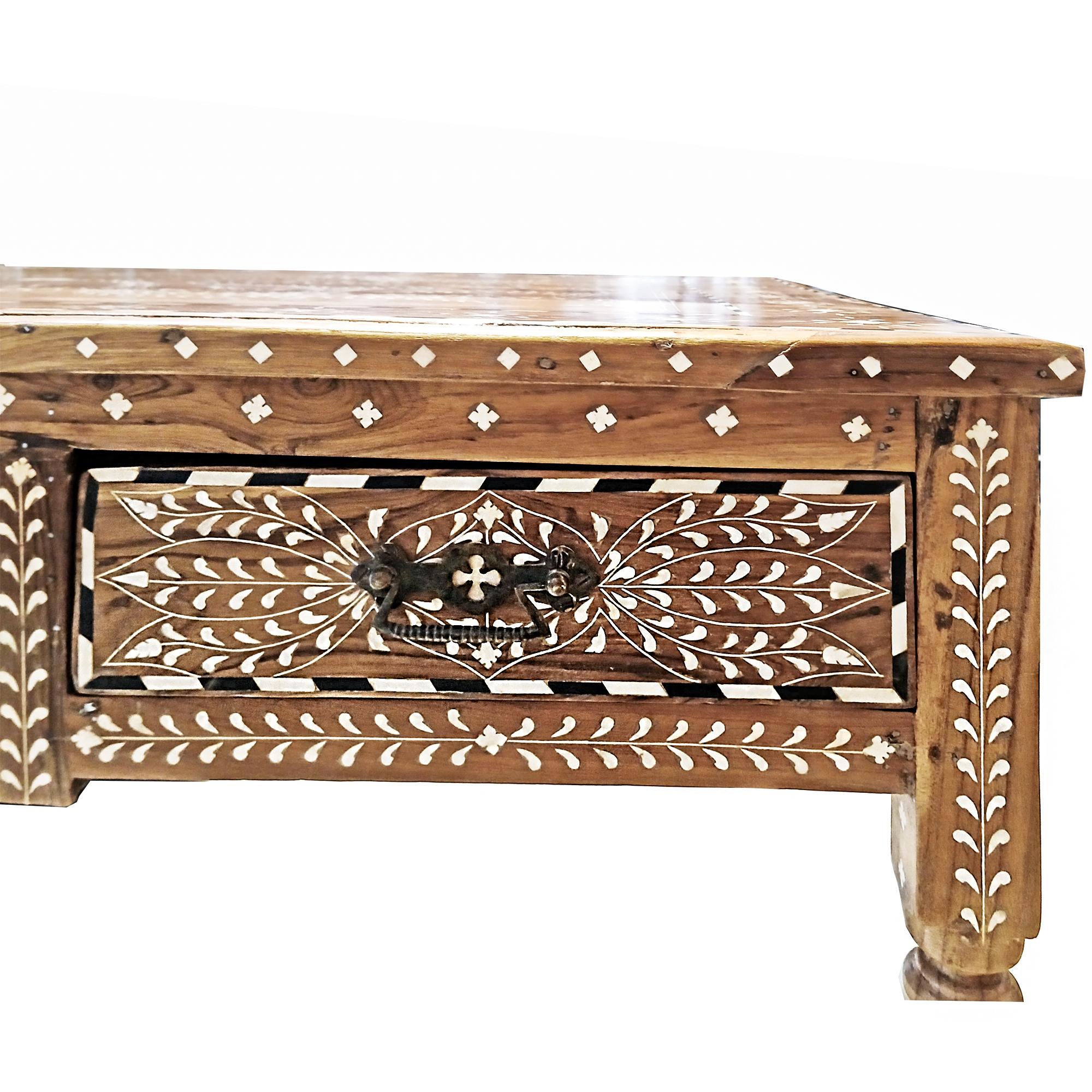 Hand-Crafted Inlaid Teak Writing Desk from India For Sale