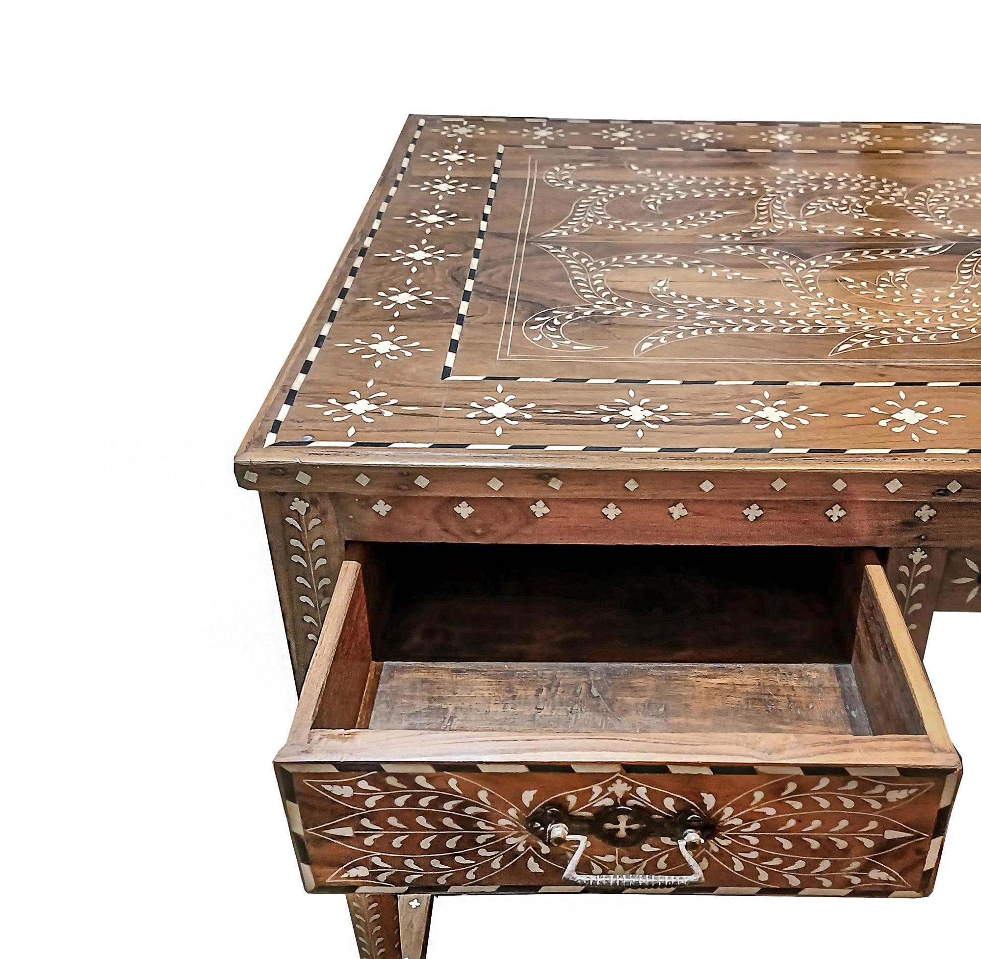 Bone Inlaid Teak Writing Desk from India For Sale
