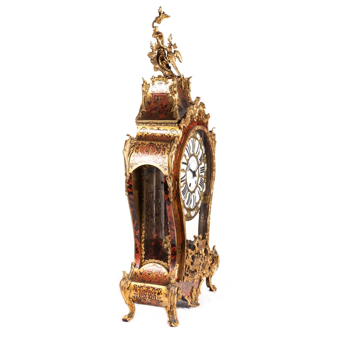 A gilt bronze-mounted brass inlaid tortoiseshell, boulle marquetry and ebony veneered mantel clock, the dial and movement signed Balthazar à Paris
late 19th century
dial with white enamel Roman numerals, above an enameled plaque signed Balthazar à