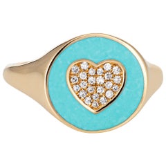 Inlaid Turquoise Diamond Heart Signet Ring 14 Karat Yellow Gold Pinky Round Band