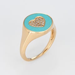 Inlaid Turquoise Diamond Heart Signet Ring 14 Karat Yellow Gold Pinky Round Band
