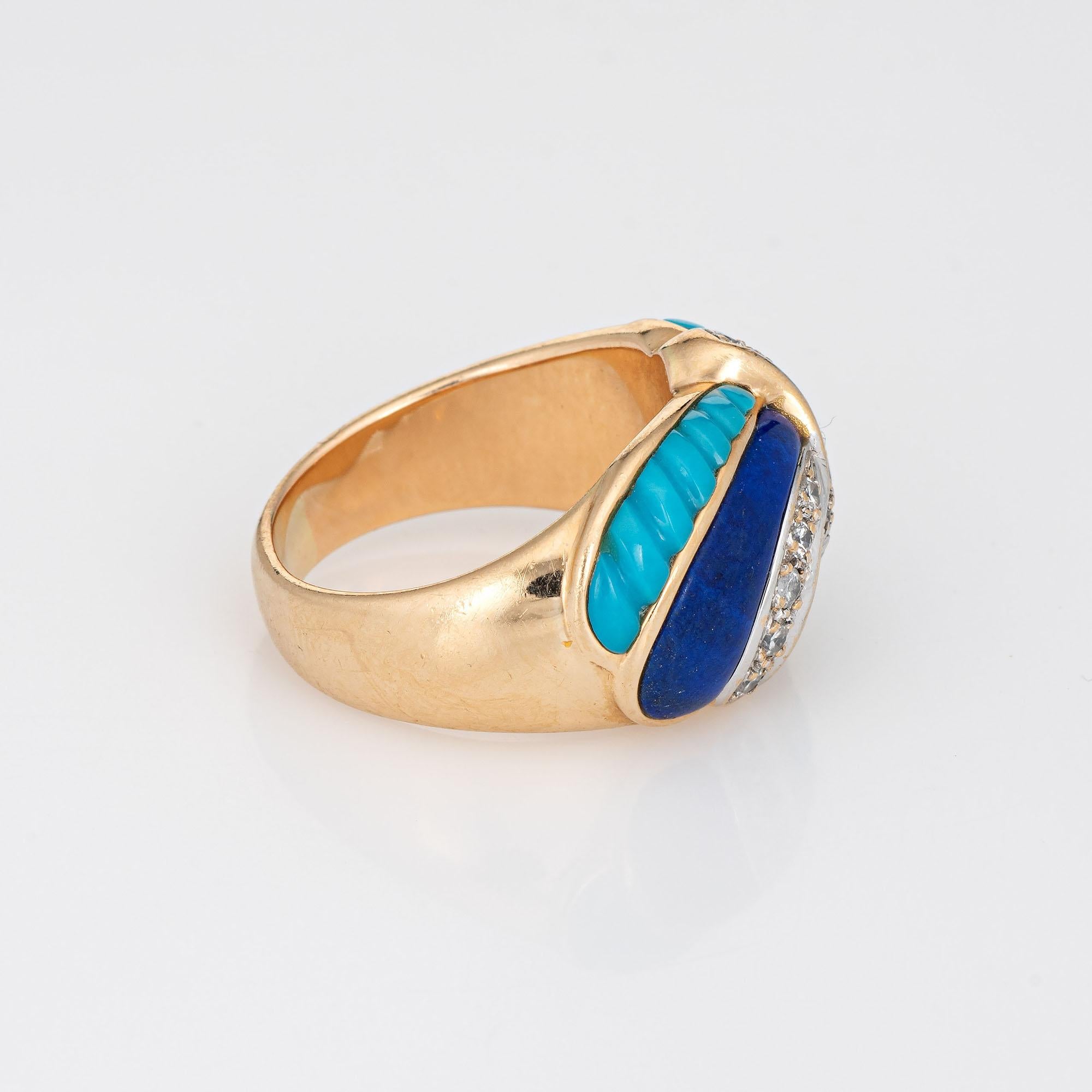 Modern Inlaid Turquoise Lapis Diamond Band 14k Yellow Gold Sz 6 Ring Estate Jewelry  For Sale