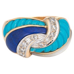 Retro Inlaid Turquoise Lapis Diamond Band 14k Yellow Gold Sz 6 Ring Estate Jewelry 