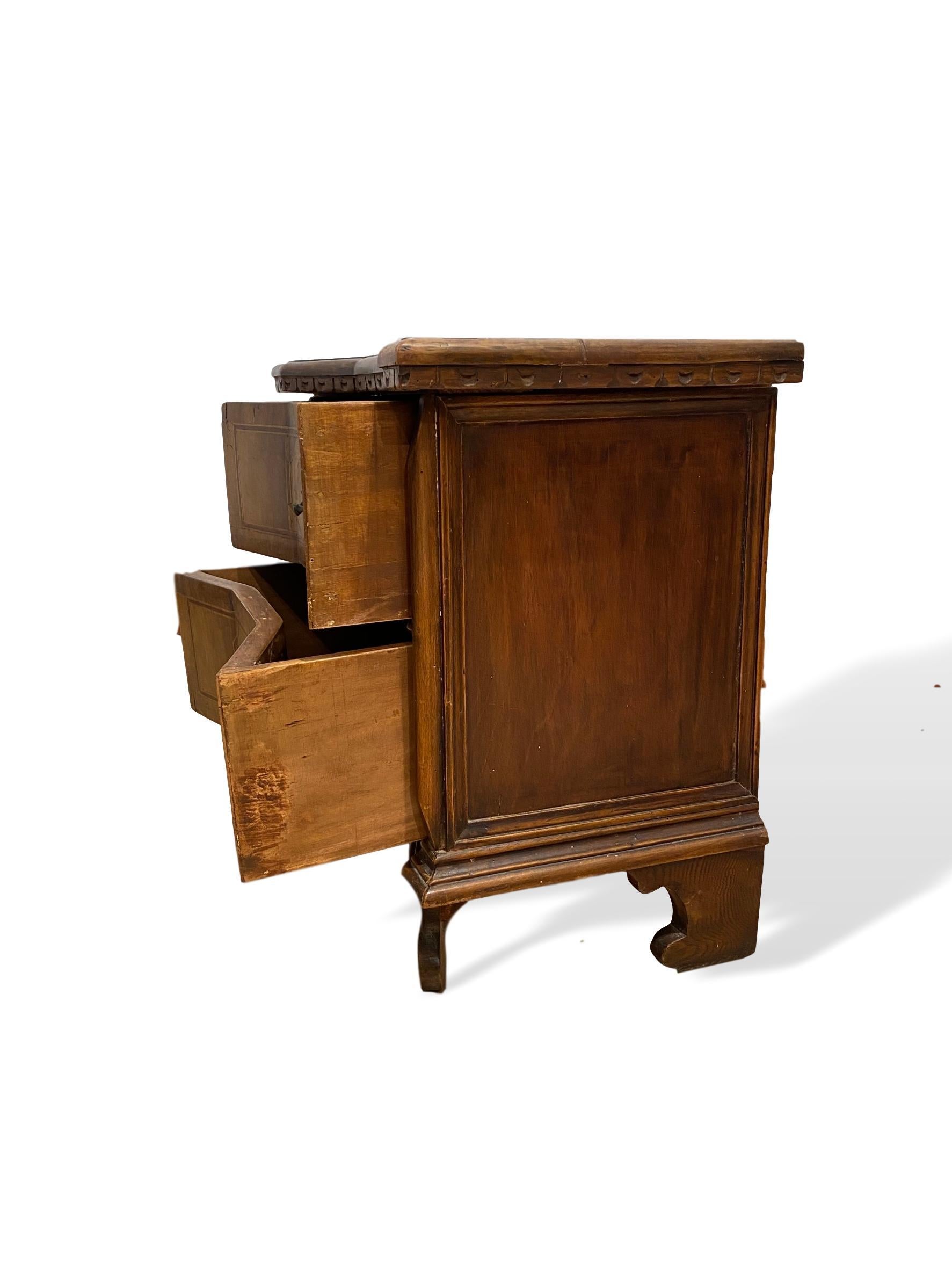 Baroque Inlaid Walnut Two-Drawer Side Commode with Concave Block Front, Italian For Sale