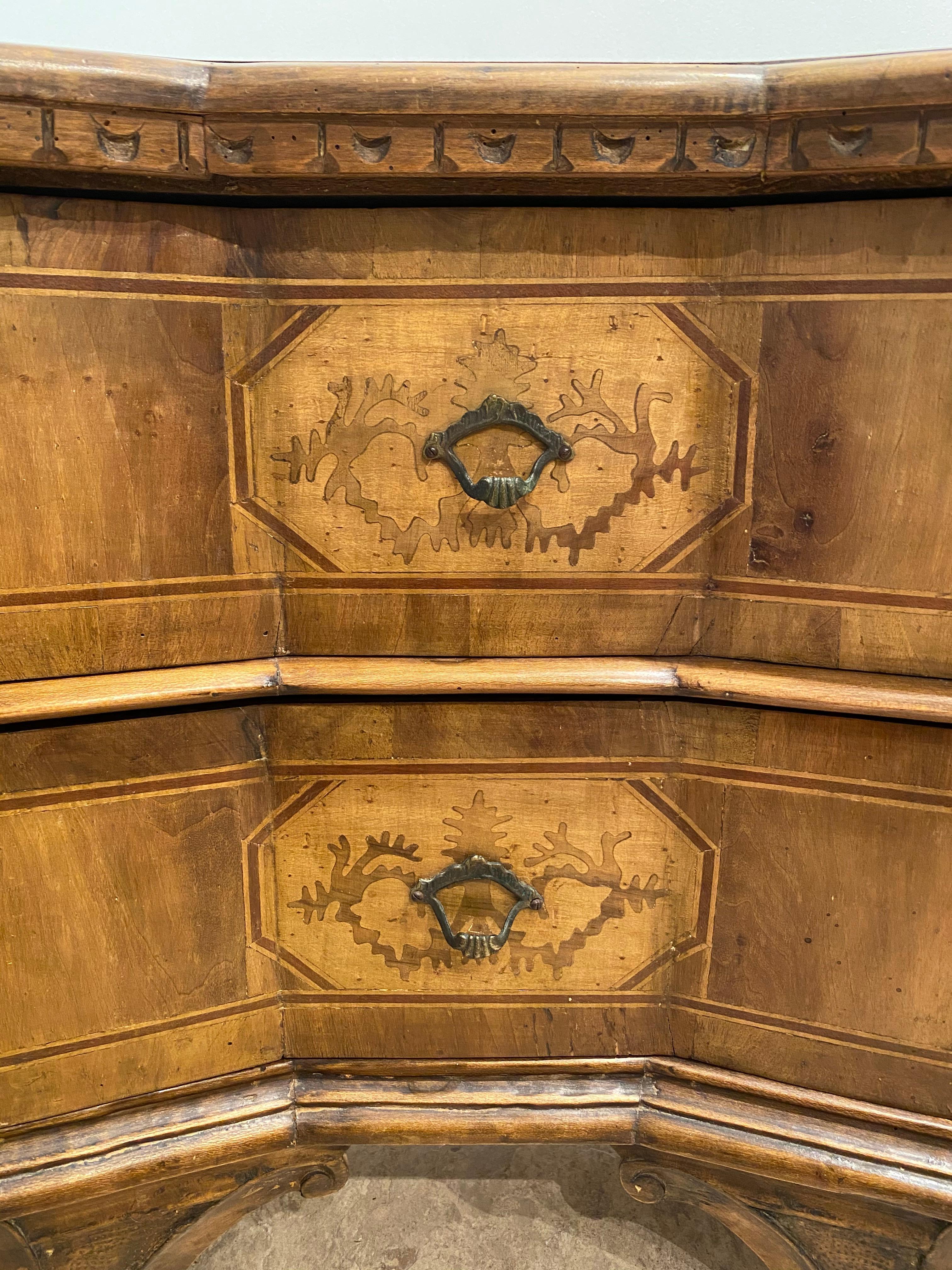 Early 20th Century Inlaid Walnut Two-Drawer Side Commode with Concave Block Front, Italian For Sale