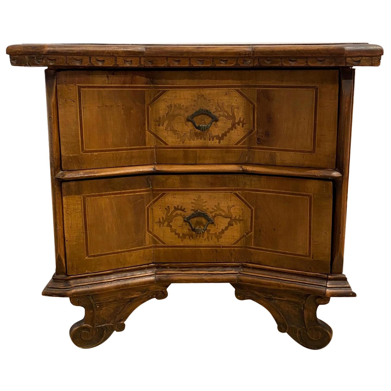 Inlaid Walnut Two-Drawer Side Commode with Concave Block Front, Italian For Sale