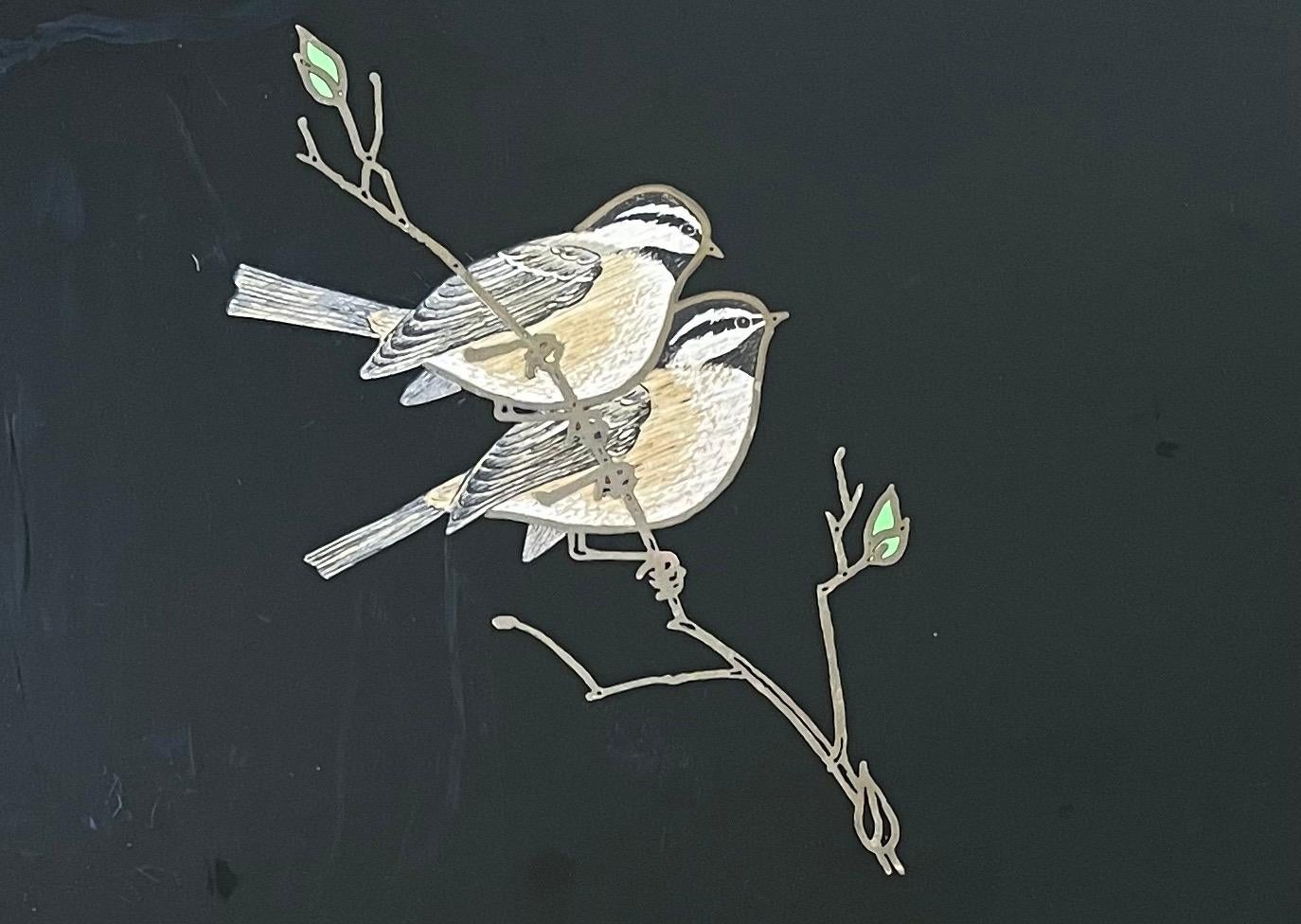 Mid-Century Modern Inlaid Wood Birds / Sparrows Tray by Couroc California