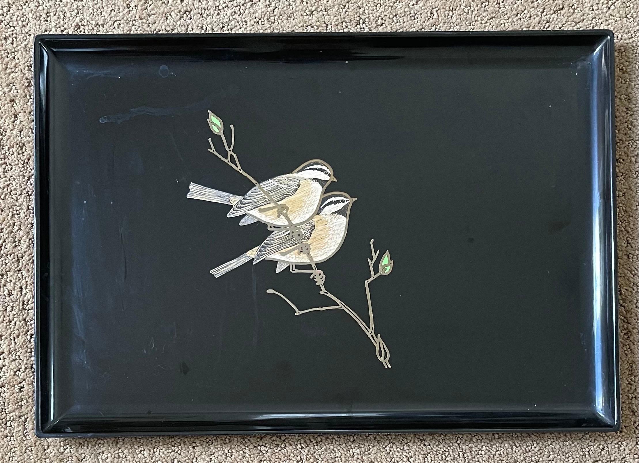 North American Inlaid Wood Birds / Sparrows Tray by Couroc California